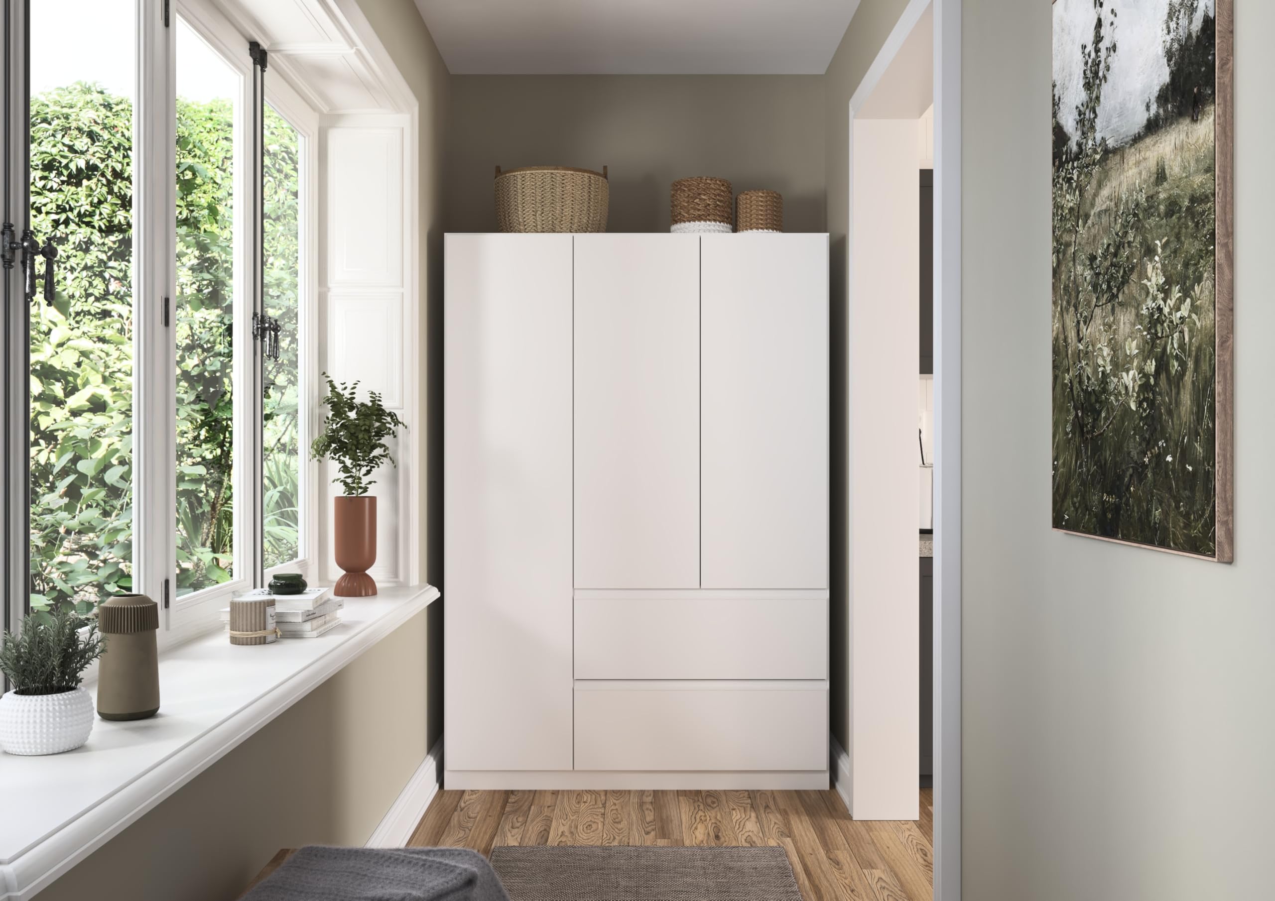Rauch Möbel Costa, Kleiderschrank für Schlafzimmer, Kinderzimmer, Babyzimmer, Jugendzimmer, Flur, Garderobe 3-türig, 2 Schubladen, Push-to-Open, Farbe Weiß, Breite 136 cm