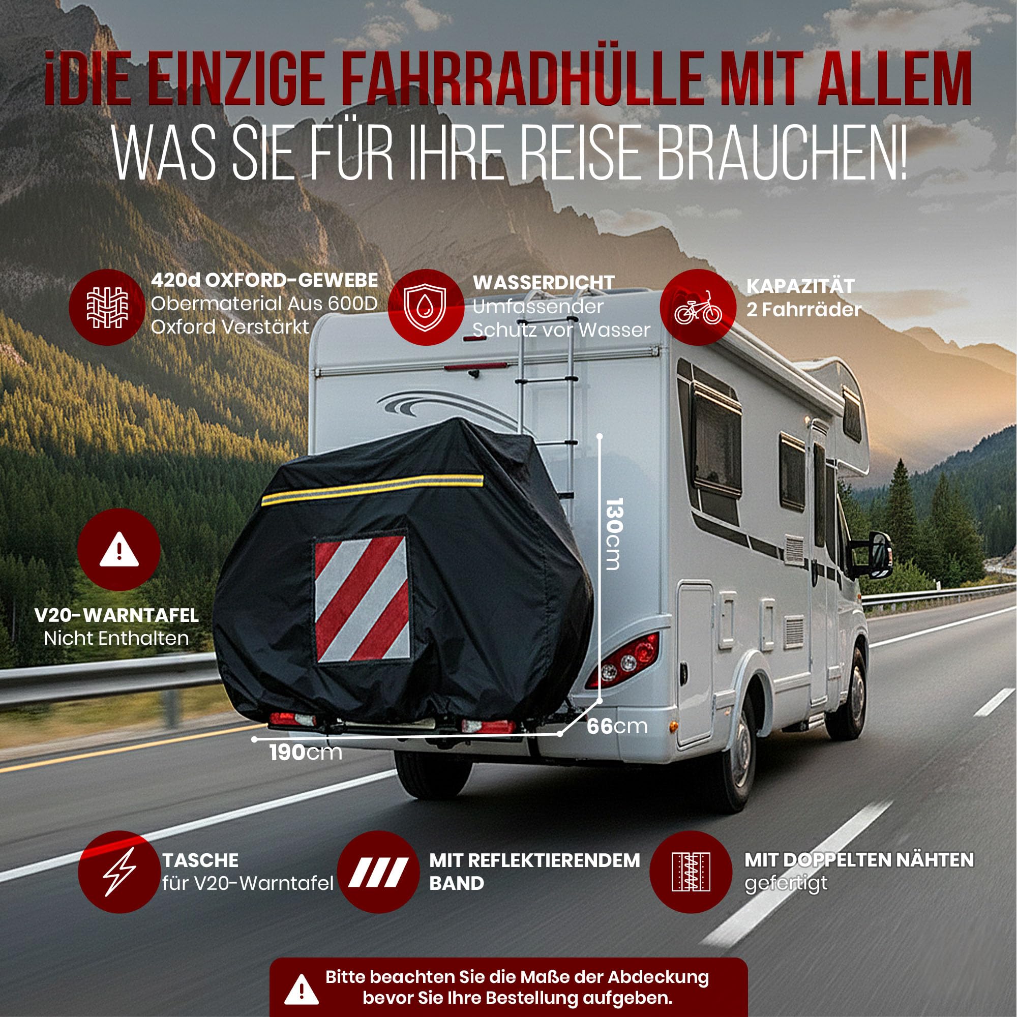 Fahrradabdeckung Heckträger – Wasserdichte Fahrradschutzhülle Fahrradträger, Ideal für Wohnmobil - Geeignet für 2 Fahrräder / E-Bikes - Robuste Fahrradhülle für Heckträger