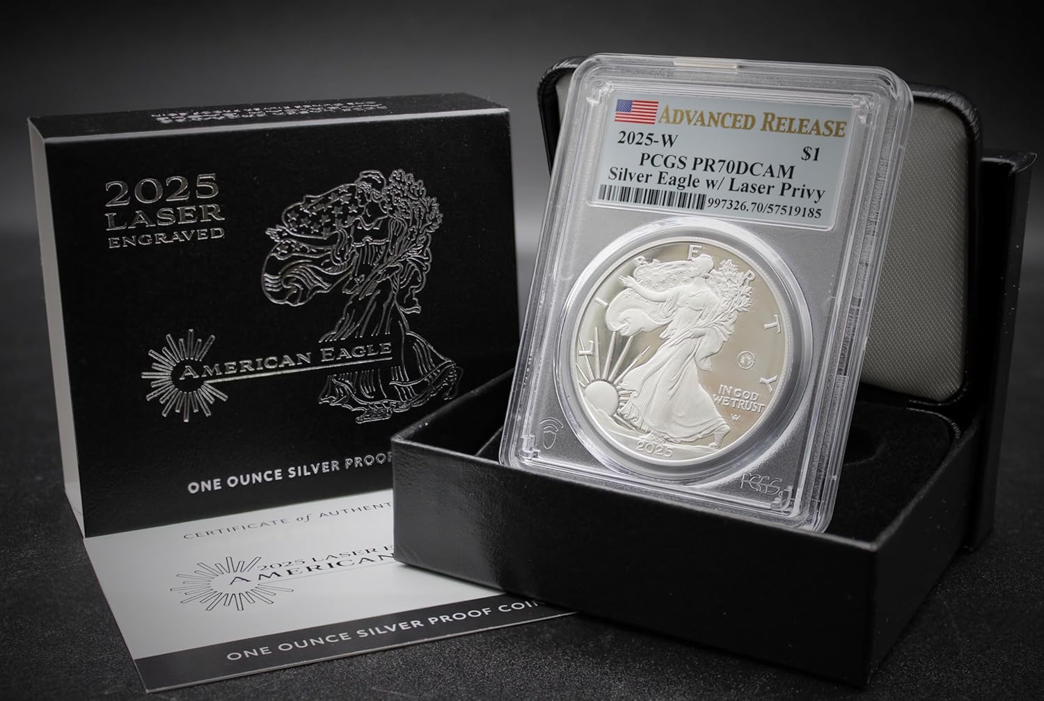 2025 W 1 oz American Silver Eagle Proof Coin PR-70 Deep Cameo (Advanced Release - Laser Privy - Flag Label) with Original Government Packaging $1 PCGS PR70DCAM