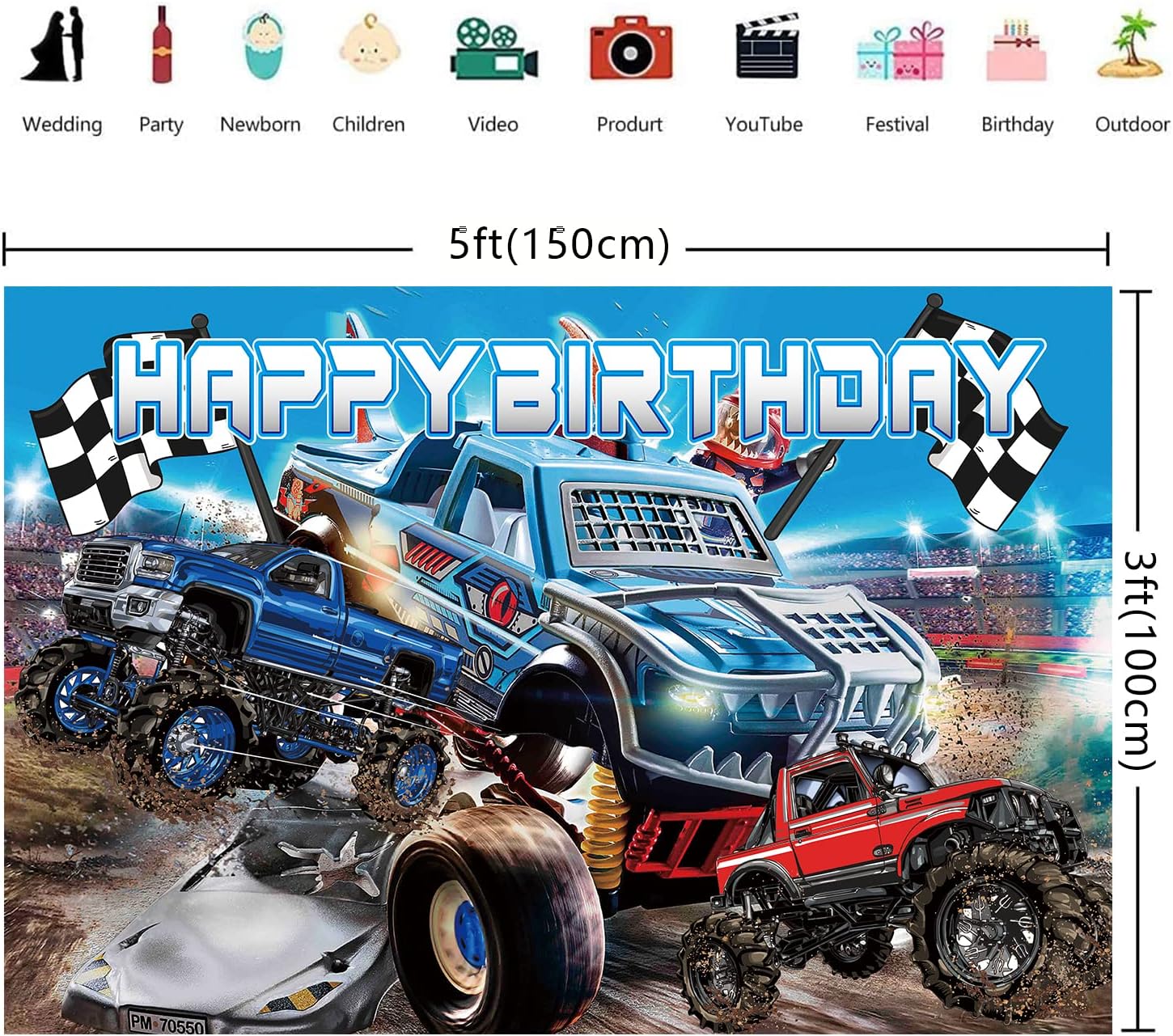 104Pcs Monster Truck Decorations，Monster Truck Birthday Party Supplies，Monster Truck Party decorations，Include Balloons,Backdrop,Banner, Cake Toppers，Tableware, Tablecloth