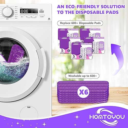 Vista 2 de HOMTOYOU Reusable Pads Refills for Swiffer Power Mop: 6 Pack Microfiber Pad for Multi-Surface Floor Cleaning - Machine Washable Replacement Sweeping