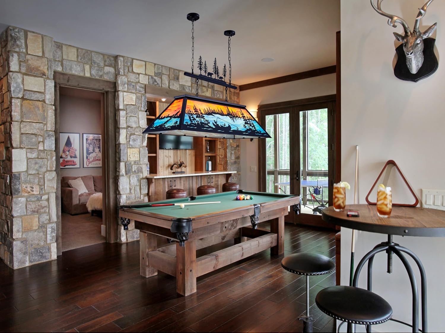 TOCHIC Vintage Pool Table Light, 6-Light Rustic Tiffany Style Fishing Billiard Hanging Light Fixture and Bear Billiard Pool Table Lights fo Game Room Man Cave Kitchen Island Dining Room