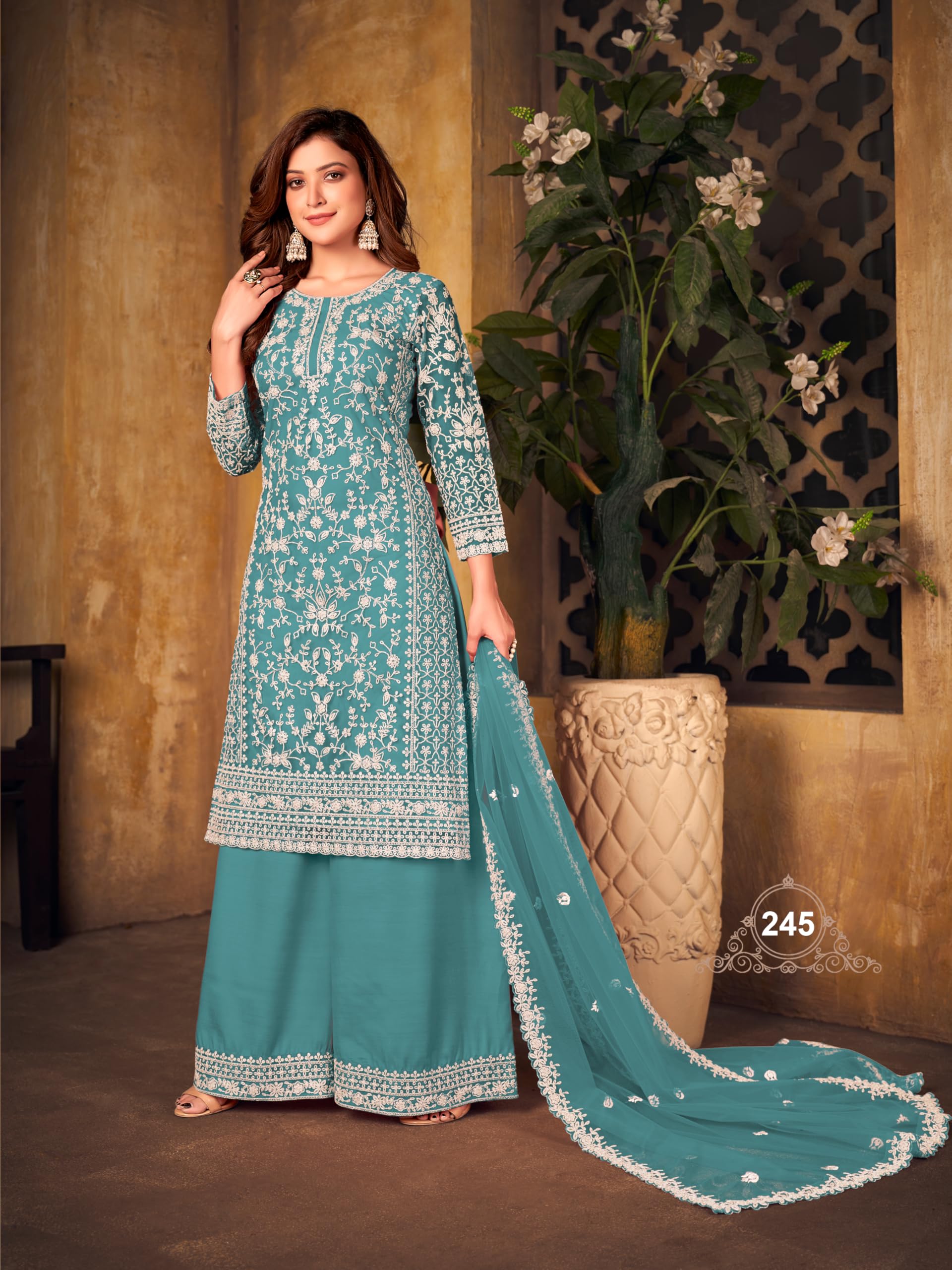 Premium Soft Net Embroidered Palazzo Suit with Elegant Dupatta for Women Festival and Party Wear
