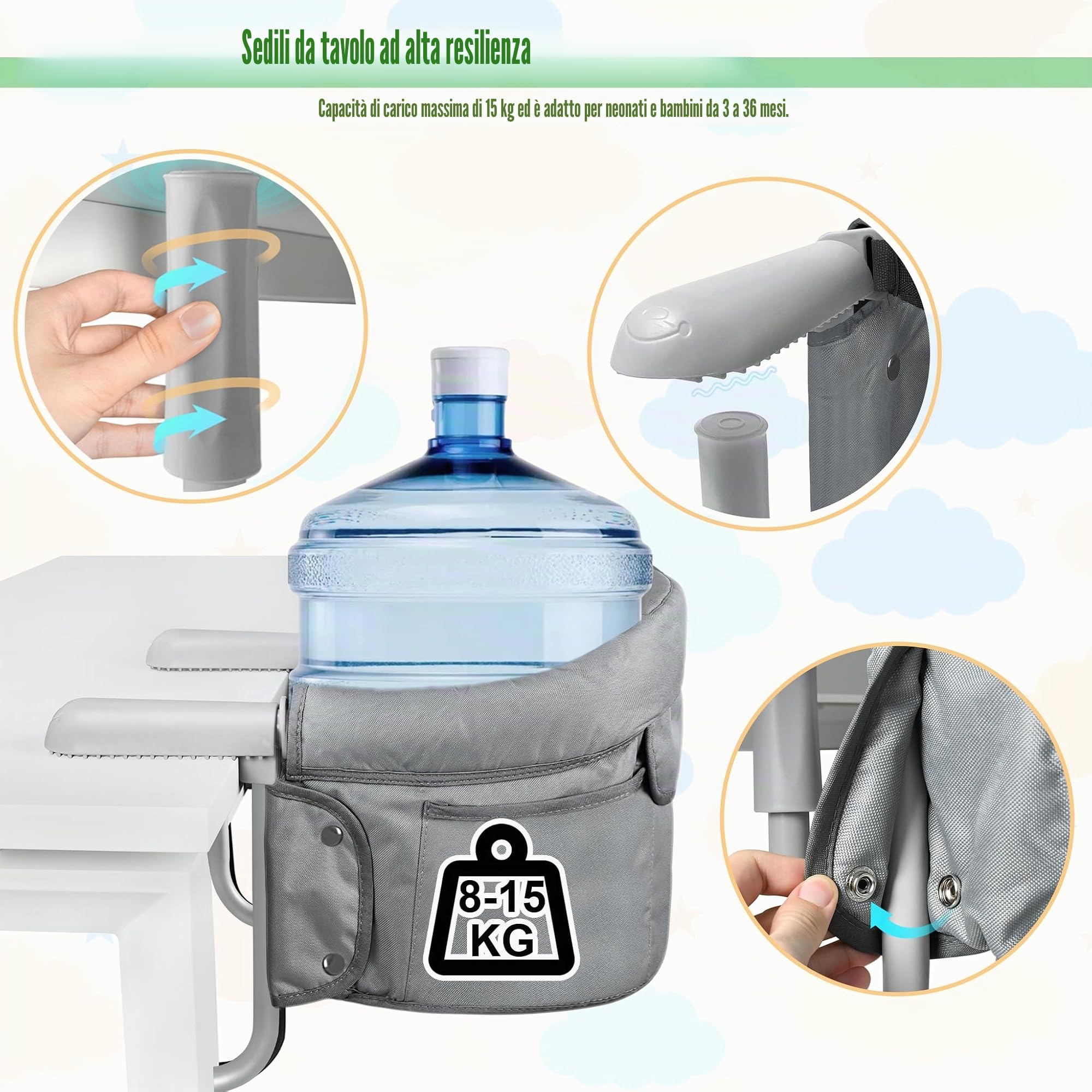 Seggiolini da Tavolo Pieghevoli per Bambini con Cintura di Sicurezza a 3 Punti e Morsetti Antiscivolo Ergonomici Rialzi Sedia Fino a 15KG per la Sala da Pranzo, Casa e i Viaggi (Grigio)