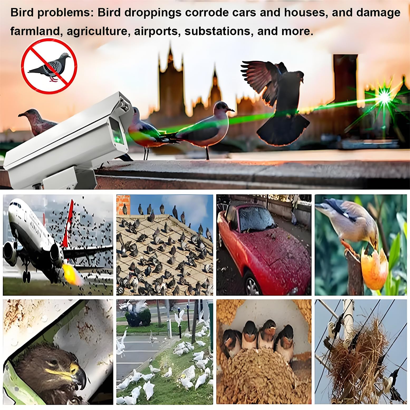 Ahuyentador automático de aves profesional, con rotación de 360°, control por aplicación, función de crucero y seguimiento, ideal para aeropuertos, granjas, huertos y parques solares. Starrysky