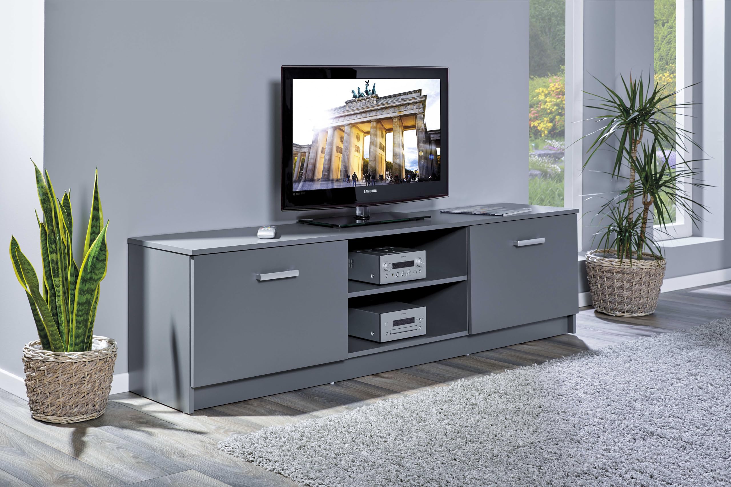 Inter Link - TV Kommode - TV Möbel - TV Konsole - 2 Klapptüren - 2 Fächer - Grau - Elenzio