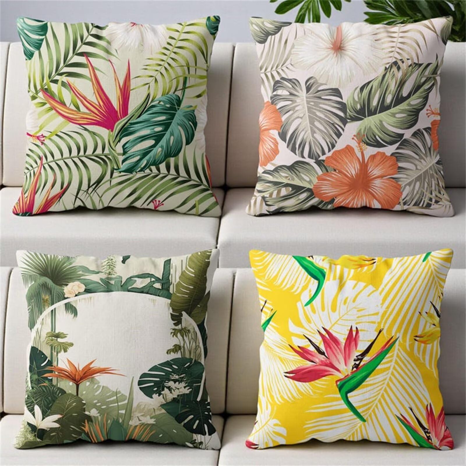QiHon Cushion Covers 60x60 cm Set of 4 Green Tropical Leaves Linen Square Pillow Cases 24x24 inch Modern Decorative Throw Pillow Covers for Sofa Couch Bedroom Home Office with Invisible Zipper