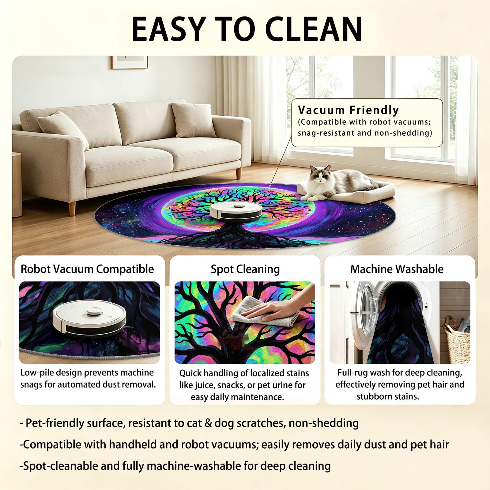 Générique 150 cm Tapis Rond De Style Fantaisie Tapis Arbre De Vie Lune Galaxie Ultra Fin, Doux, Antidérapant, Lavable - Convient pour Chambre à Coucher Entrée Salle à Manger Dortoir Familial