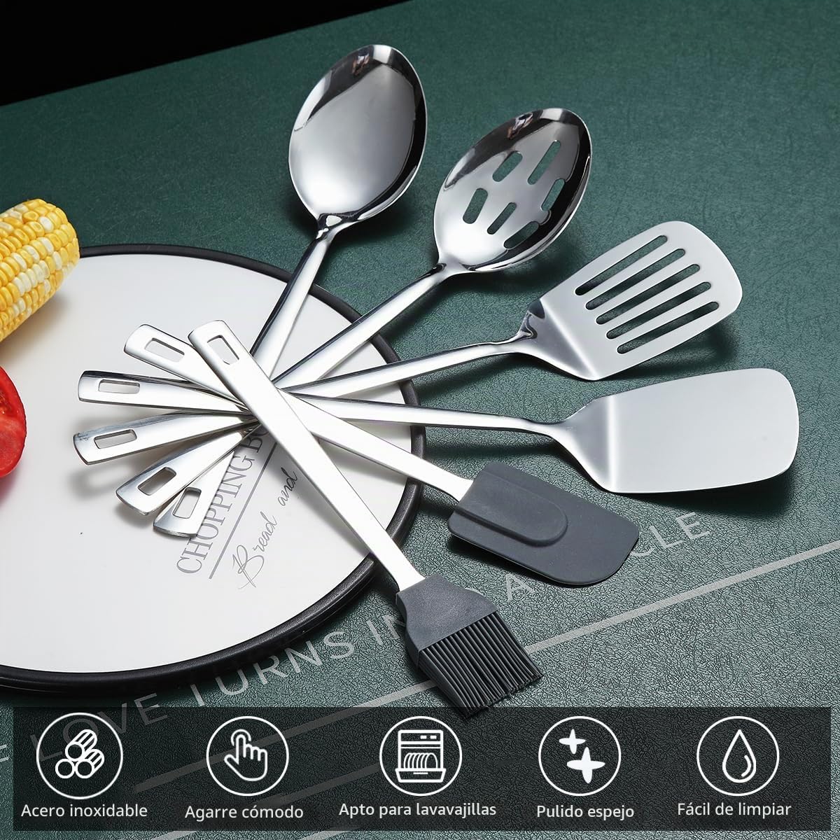 Juego de utensilios de cocina de acero inoxidable 40 piezas con soporte para utensilios, utensilios de cocina elementos esenciales, juego de espátula de metal