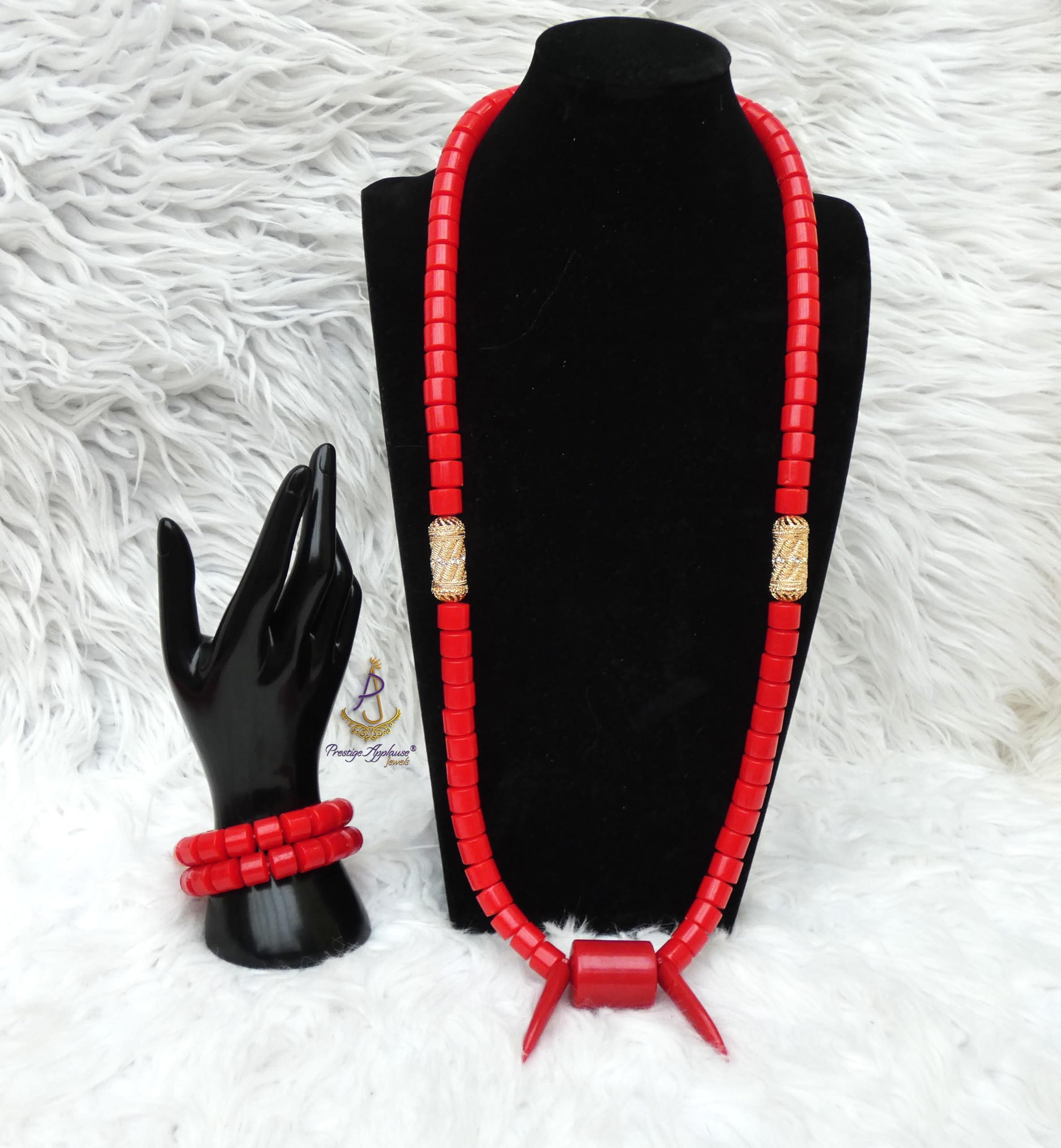 Parure traditionnelle africaine Edo Igbo en perles de corail blanc avec collier et bracelet - Motif éléphant - Bijou de mariage nigérian pour homme