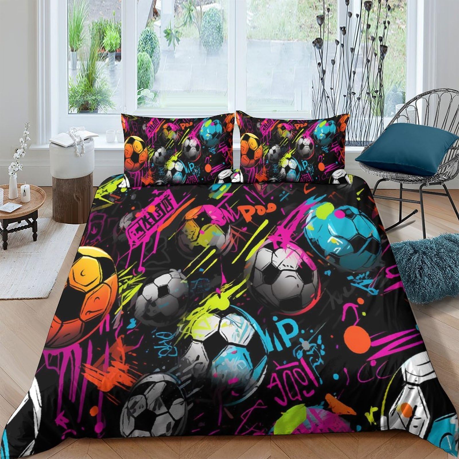 Ctjqhvkz Style-10 3D Printed Graffiti Soccer Fitted Sheet Microfiber Multicolor Bed Cover For Bedroom Dorm Mattress Protection Decorative Single（135X200cm）