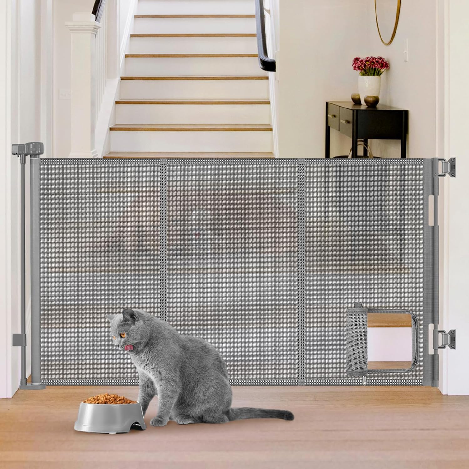 Reinforced 60” Wide Retractable Dog Gate with Cat Door Gates for Pets with Reinforced Strips 33” Tall Mesh Baby Gate Retractable Pet Gates for Dogs Indoor with Door Cats Can in and Out Freely, Gray Gray Reinforced 33" X 60"?With Cat Door?