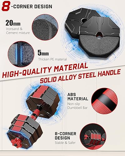 Miniatura 4 de Prapark Juego de mancuernas ajustables 4 en 1, diseño octogonal antirrollo, agarre antideslizante, pesas versátiles con barra, pesas rusas, opciones