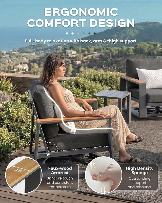 Vexwalx Aluminum Luxury Outdoor Swivel Patio Chairs with Table Set, Oversized 3 Pieces Patio Conversation Furniture Set with High Back&Washable Cushions, Outdoor Bistro Set for Porch, Deck, Graphite image 3