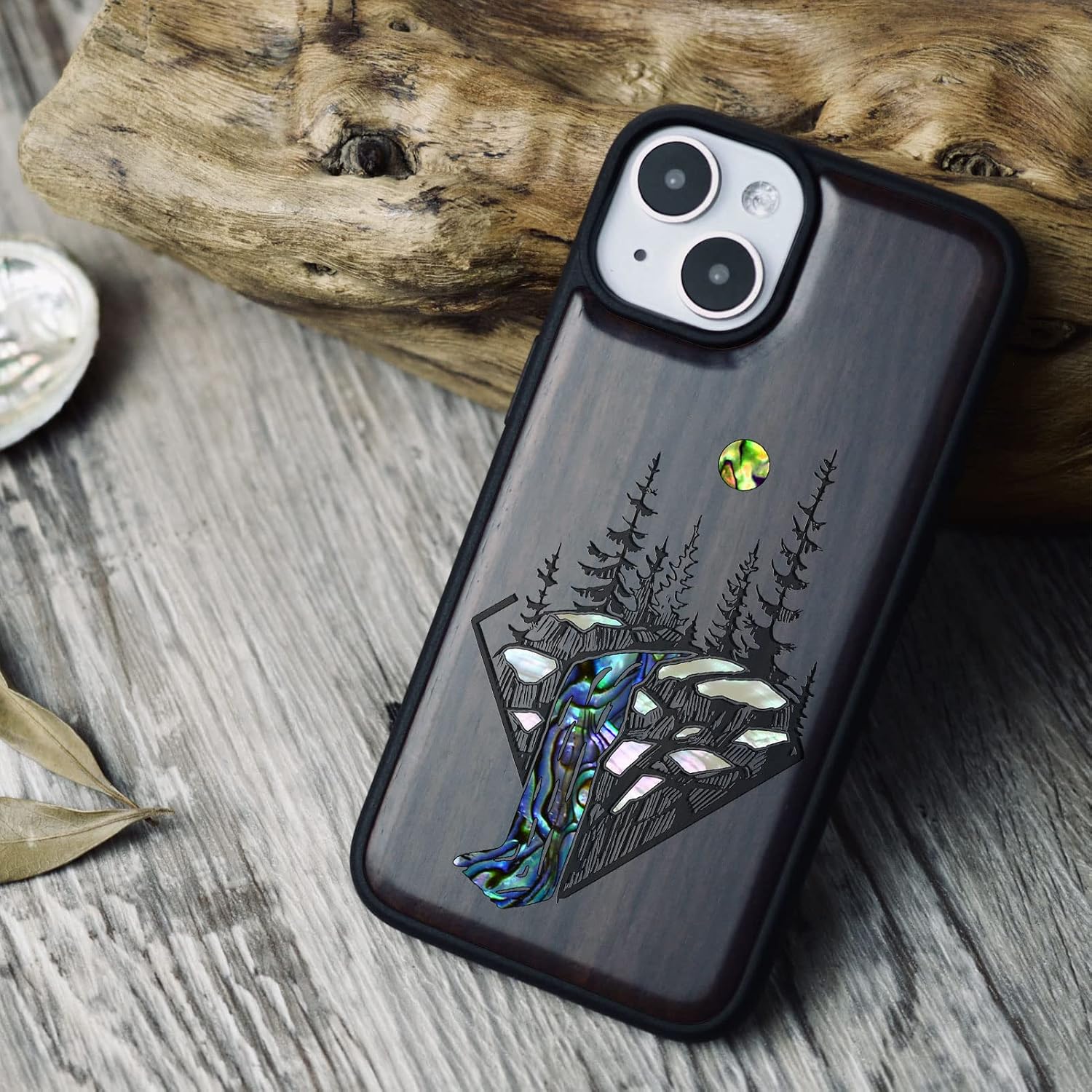 Carveit Designer Wooden Protective Magnetic Case for iPhone 14 Case [Wood Engraving & Shell Inlay] Compatible with iPhone 14 MagSafe (Falls-Blackwood)
