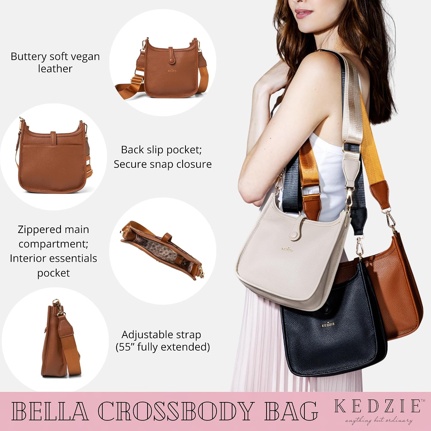 KEDZIE Bella Vegan Leather Crossbody Bag for Women with Adjustable Strap