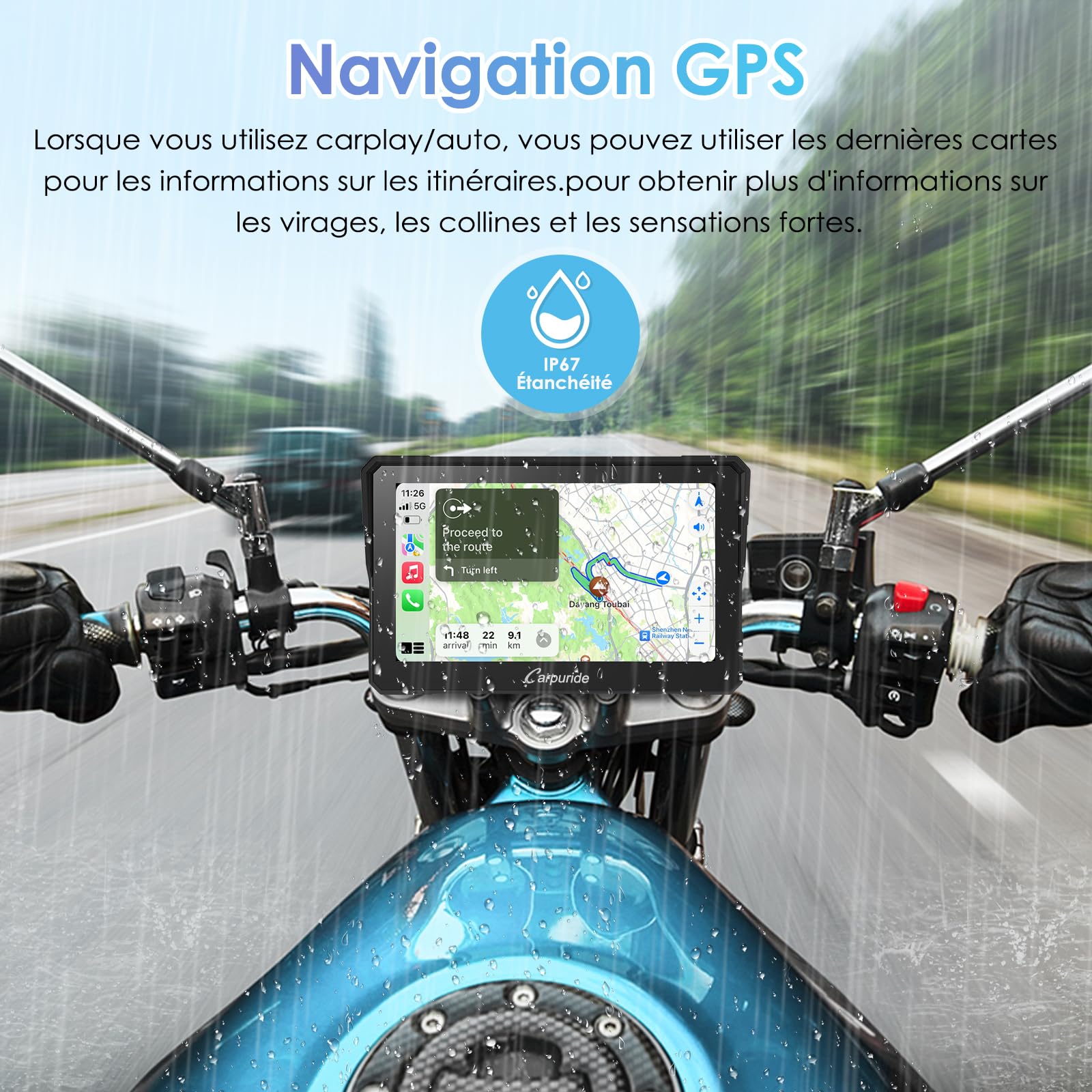 Carpuride W702 Écran GPS Carplay pour Moto, CarPlay sans Fil & Android Auto, Écran Tactile Étanche 7", Double Bluetooth, Navigation, Siri, Béquille Moto réglable en Forme de U
