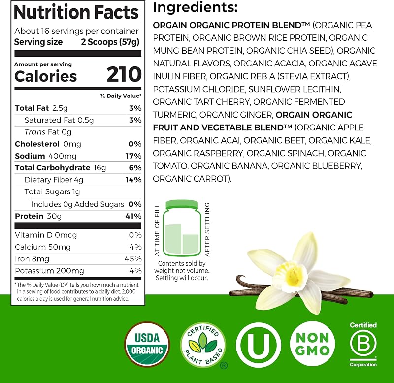 Orgain Organic Vegan 30g High Protein Powder, Vanilla, 2.01 lb image 2
