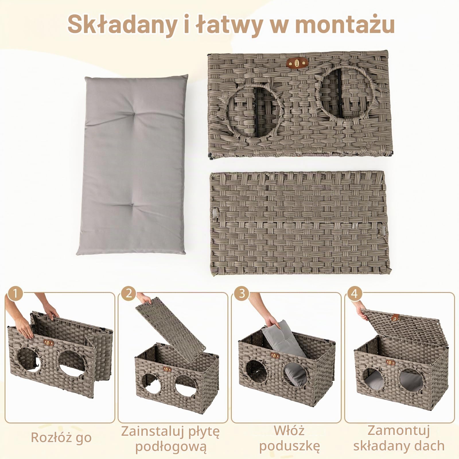 COSTWAY Domek dla kotów z ratanu PE, składany, łóżko dla kota z odpinanym poduszkami i zamykanym pokrywem, szafka dla kotów dla małych i średnich kotów, meble dla kotów do użytku w pomieszczeniach, 60