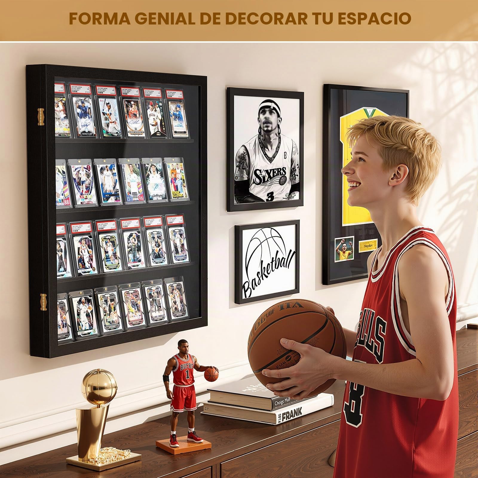 Soporte de exhibición de tarjetas para pared, madera y pisos, expositor de tarjetas coleccionables, transparente HD con marco de exhibición de tarjetas para tarjetas de béisbol deportivas