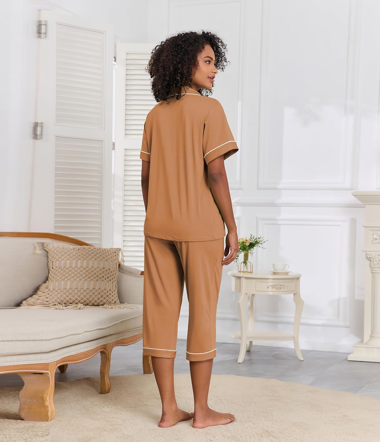 CF Pajama Sets for Women 2 Piece Soft Cotton Modal Short Sleeve Top With Capri Pants Button Down Summer Pjs for Women Set - Image 2