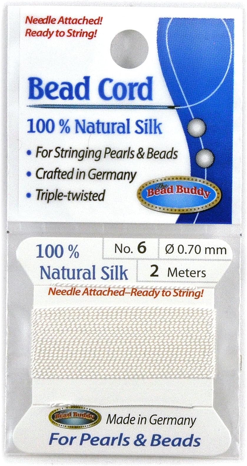 Bead Buddy 0.7mm Natural White Silk Cord Thread with Attached Needle - Ideal for Jewelry Making - 2m Long