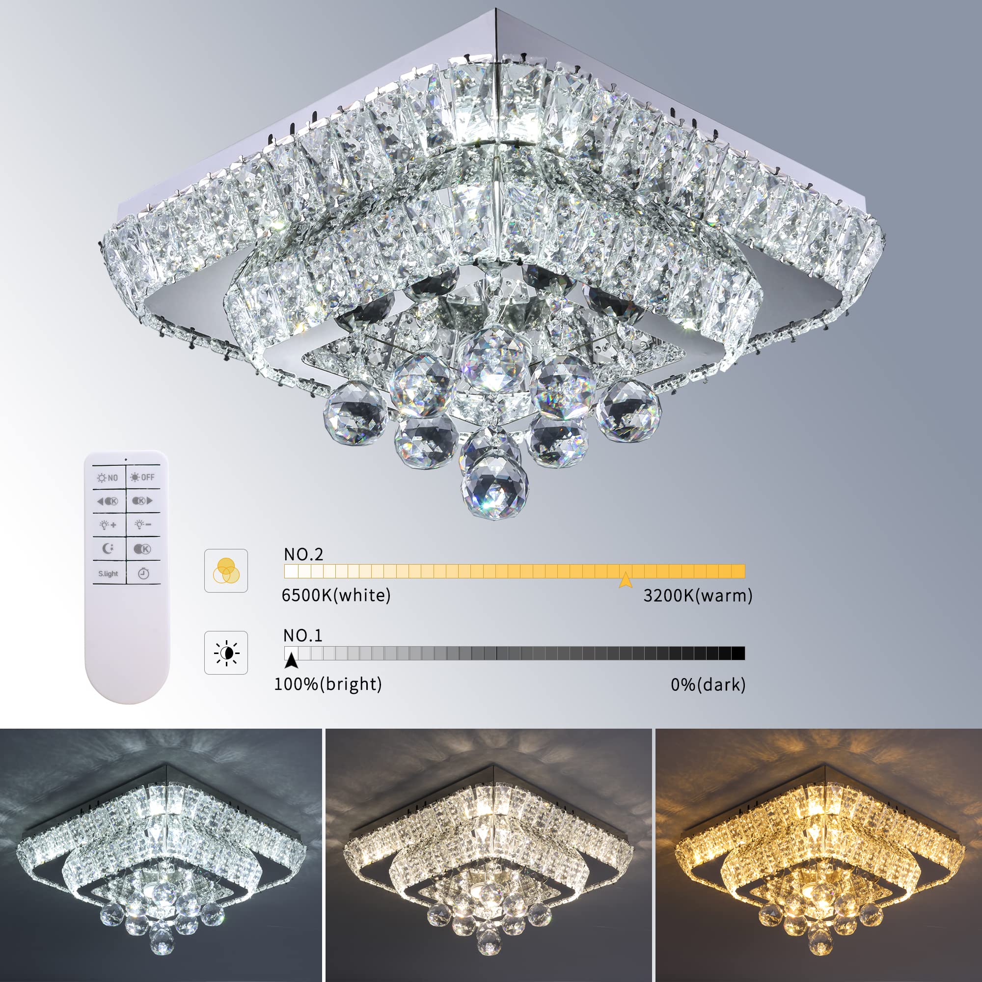 Photo 1 of REDSTAR 16" Bright Led Chandelier Flush Mount with Remote Control, Any Warm/Natural/White Color Temp & Brightness Adjustable, Modern Crystal Ceiling Light for Bedroom Dinning and Living Rooms A228-15in