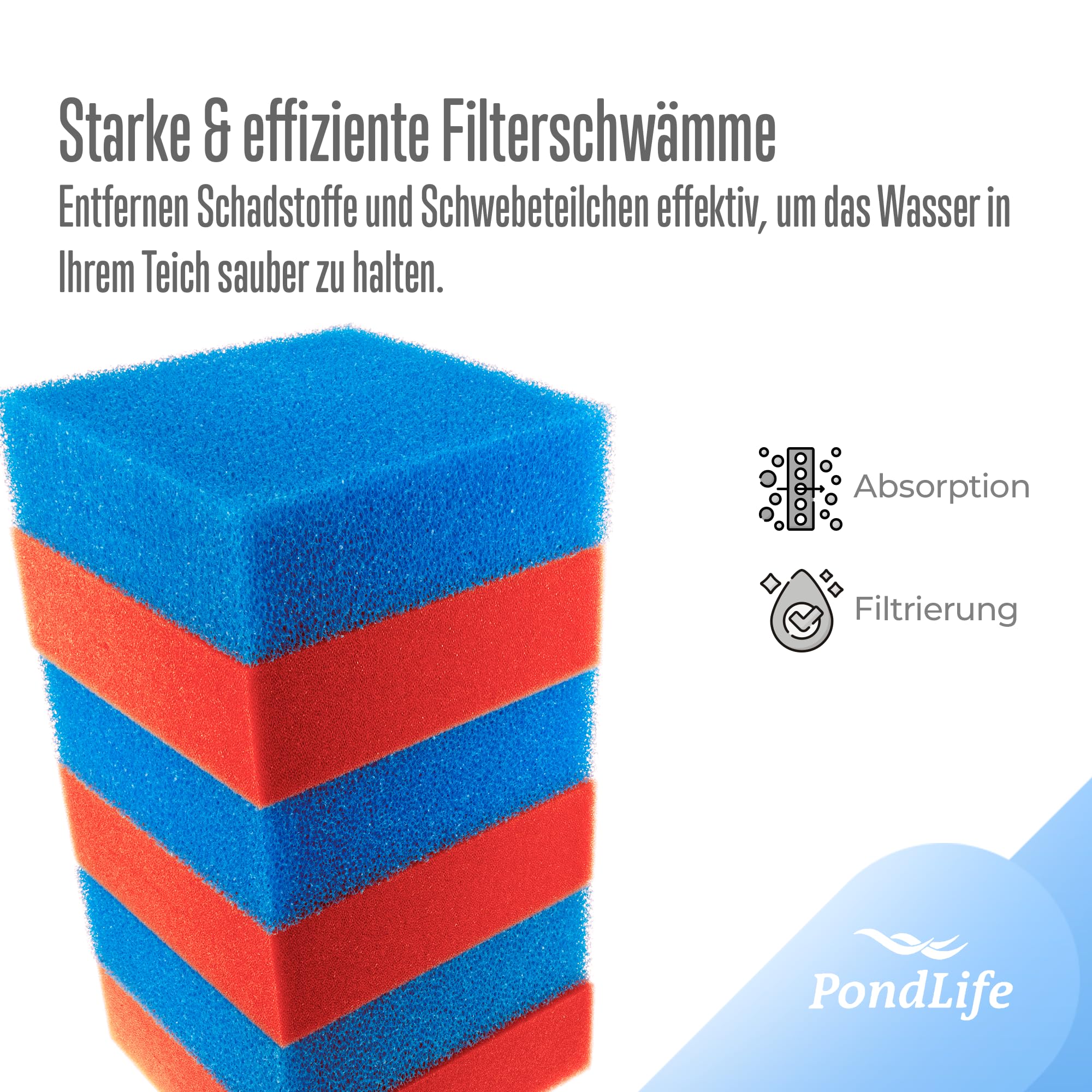 Pondlife 14x Filterschwamm Teichfilter geschlitzt kompatibel mit Oase BioTec 30, 25 x 25 x 8 cm, 10x Blau grob 4X Rot fein, Teichfilter Ersatzteile