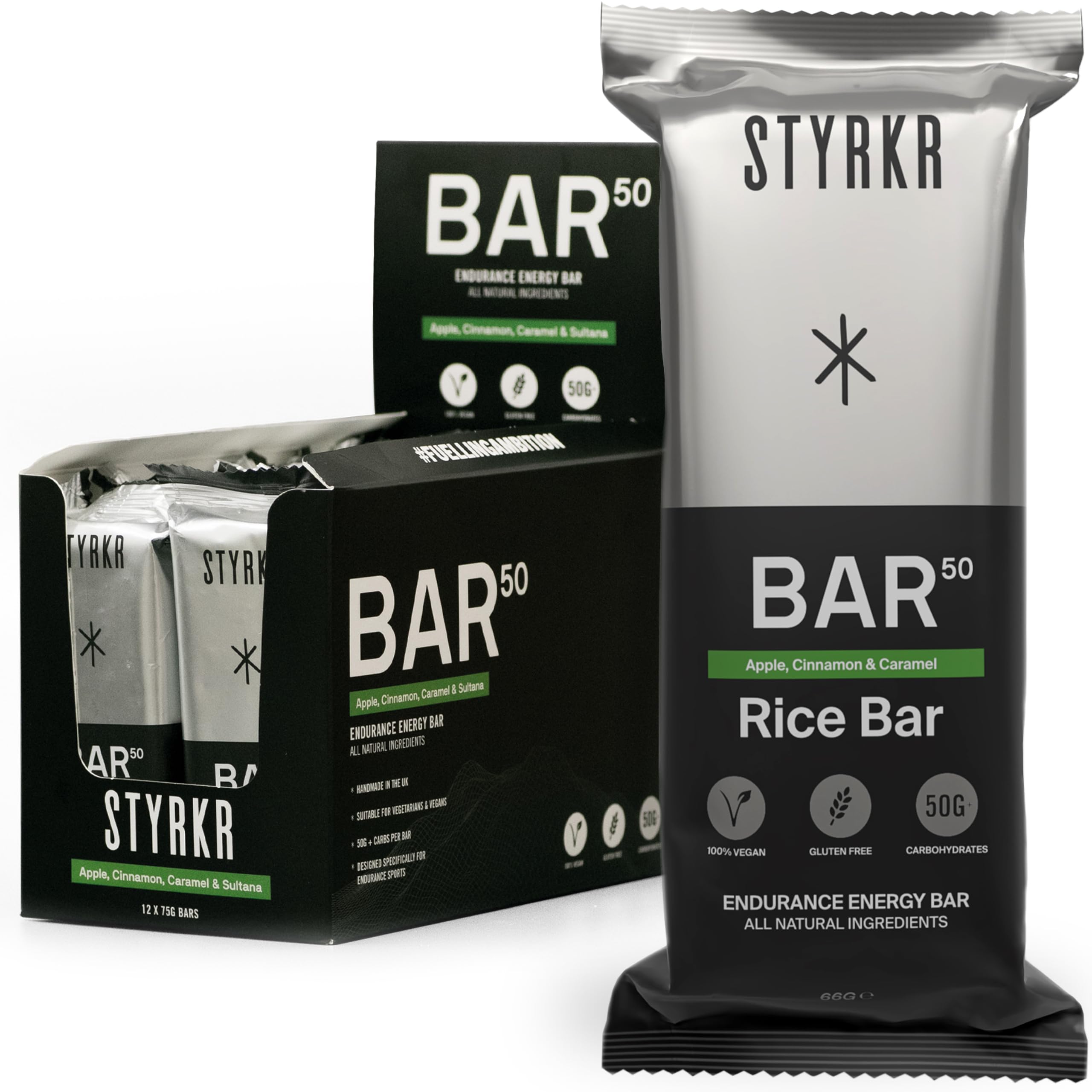 Energy Bars by Styrkr - Pack of 12 Rice Bars for Cycling & Running - Apple, Cinnamon & Caramel Flavour - Approved by Endurance Athletes - 50g of Carbs via Advanced Dual-Carb Formulation - BAR50-12x