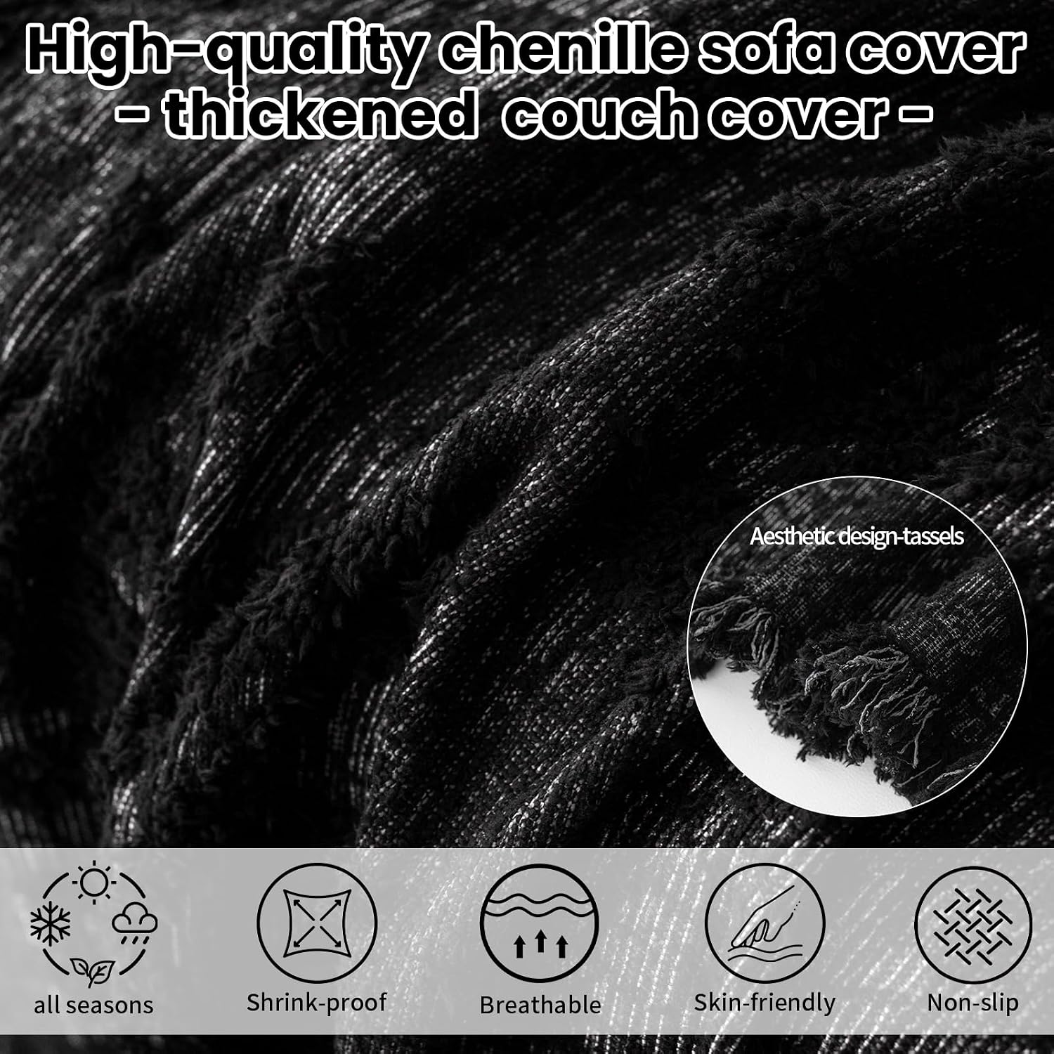 ROOMLIFE Couch Cover 3 Cushion Sofa, Washable Non Slip Furniture Sofa Protector Cover, Soft Chenille Sofa Slipcovers Sectional L Shape Dogs Couch Cover Throw Blanket with Tassels 71''X150''