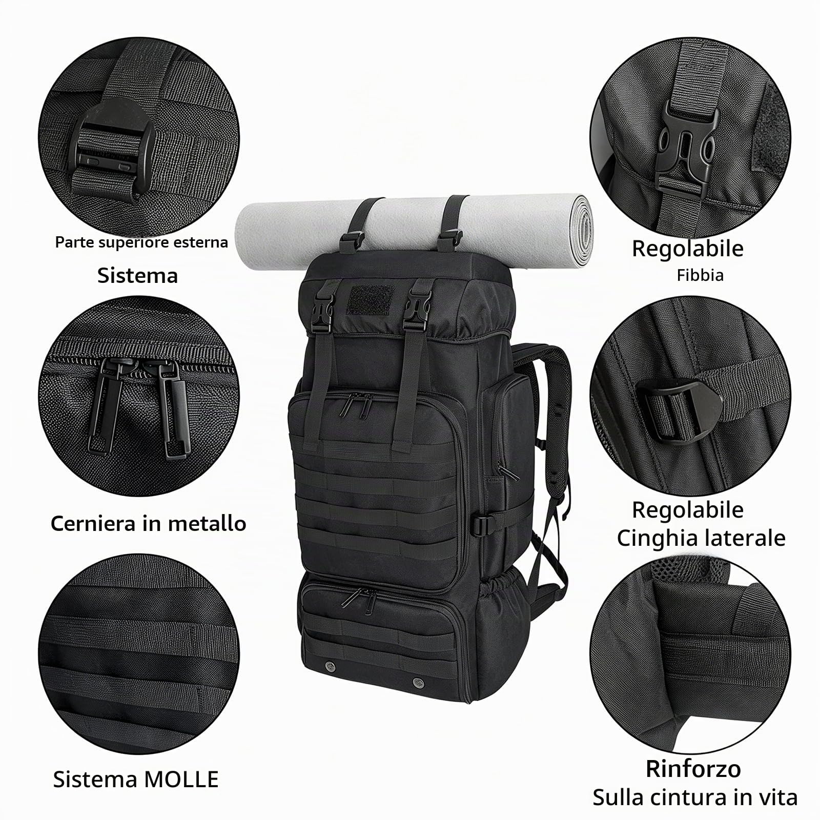 80L 100 litri Zaino Escursionismo Campeggio Zaino, Uomini Outdoor Viaggi Arrampicata Zaino Alpinismo Trekking Zaino, 80l nero con tasca per scarpe