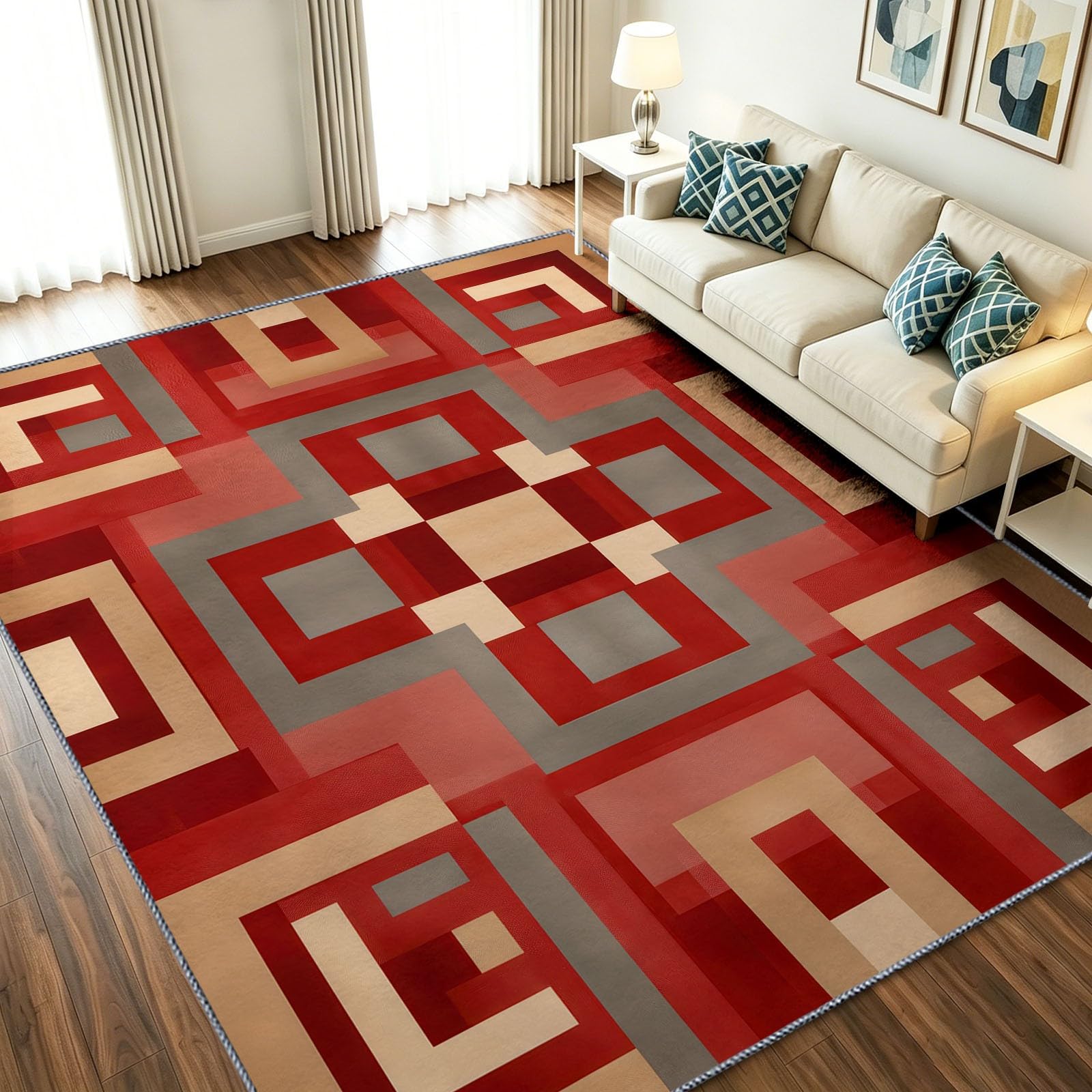 Alfombra lavable antideslizante de pelo corto rojo vintage 150x210