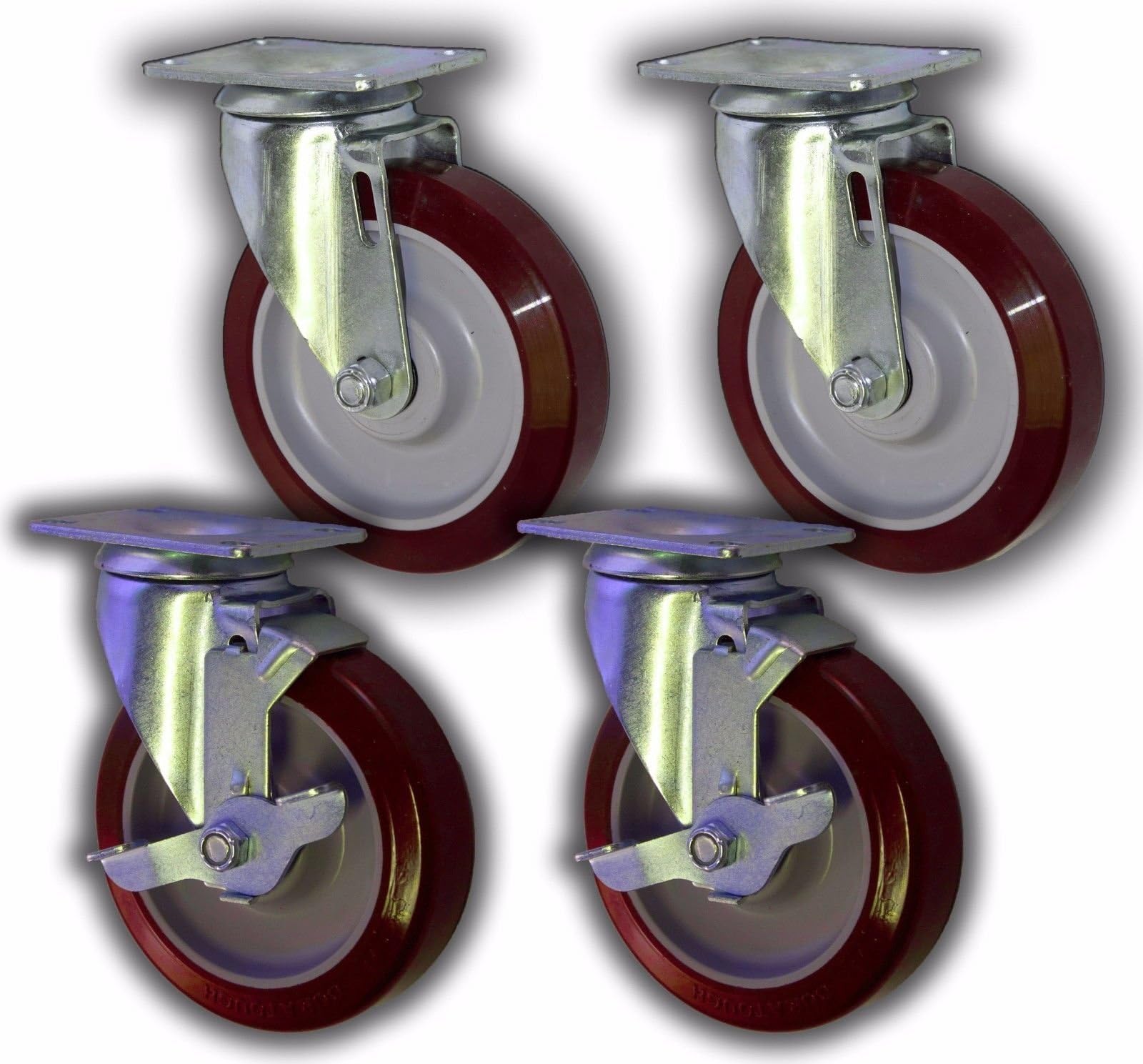 5" Swivel Plate Caster with Maroon Polyurethane Wheel 1200# (4 Pack; 2 with Top Brake)