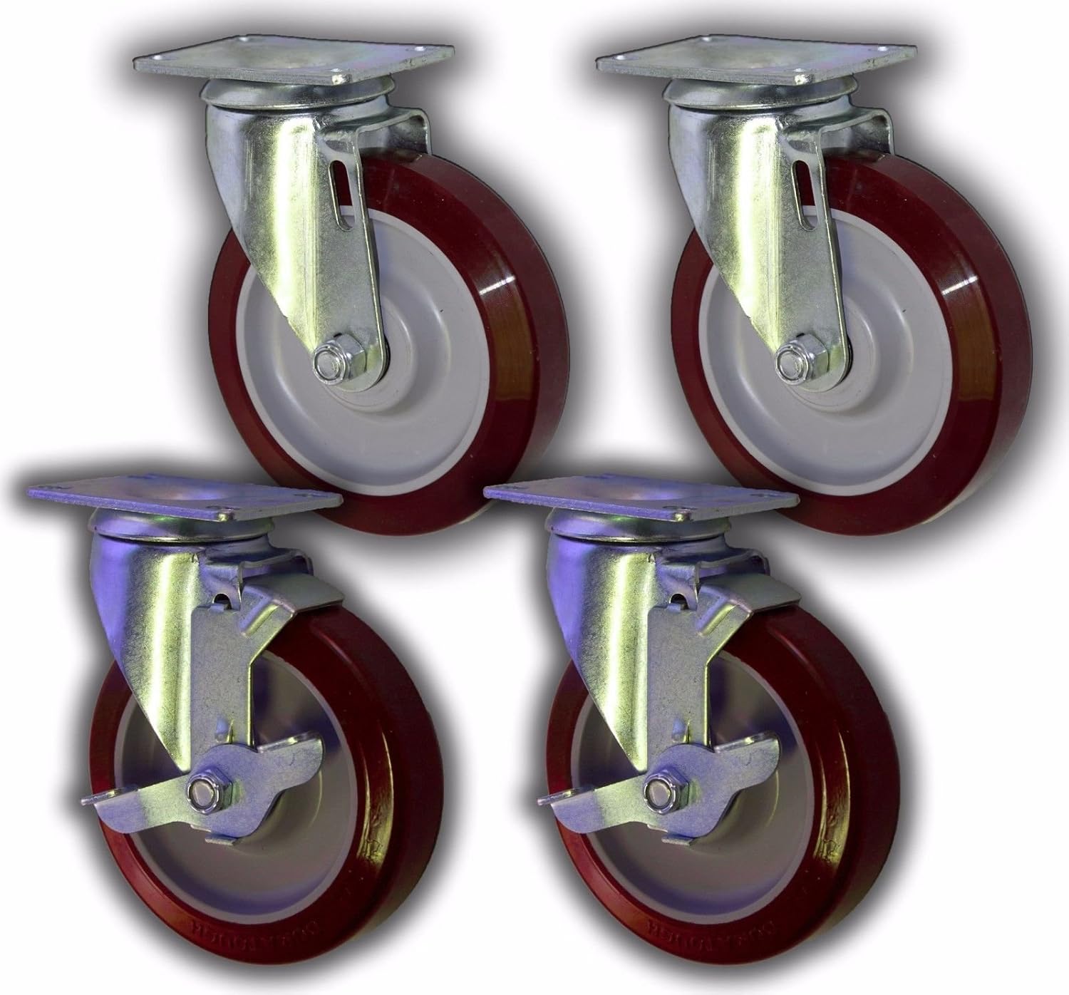 5" Swivel Plate Caster with Maroon Polyurethane Wheel 1200# (4 Pack; 2 with Top Brake)