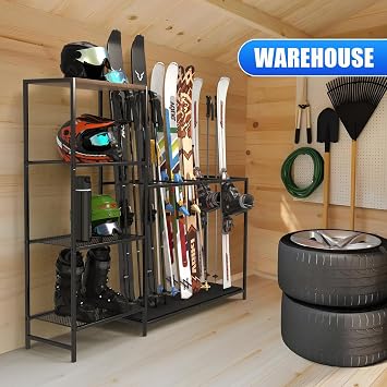 Freestanding Ski Rack, Ski Storage Rack w/Width-Adjustable Bars, Ski & Snowboard Rack Organizer for Garage, Home