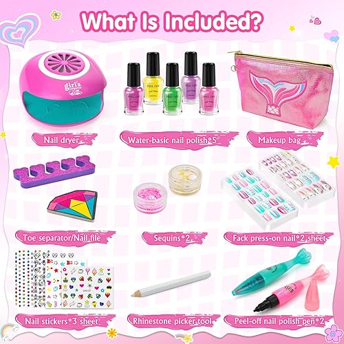 Miniatura 3 de Amagoing Juego de esmaltes de uñas para niñas de 7 a 12 años con secador de uñas, esmalte de uñas de secado rápido, bolígrafos de arte de uñas, uñas
