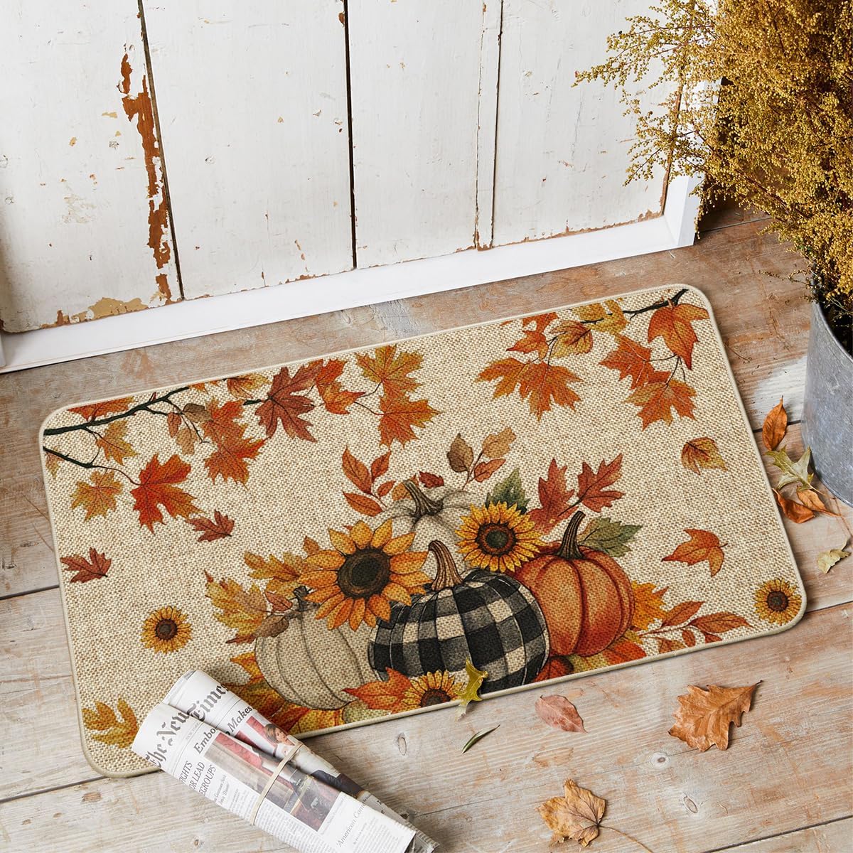 Artoid Mode Buffalo Plaid Pumpkin Maple Leaves Fall Doormat 17x29 Inch