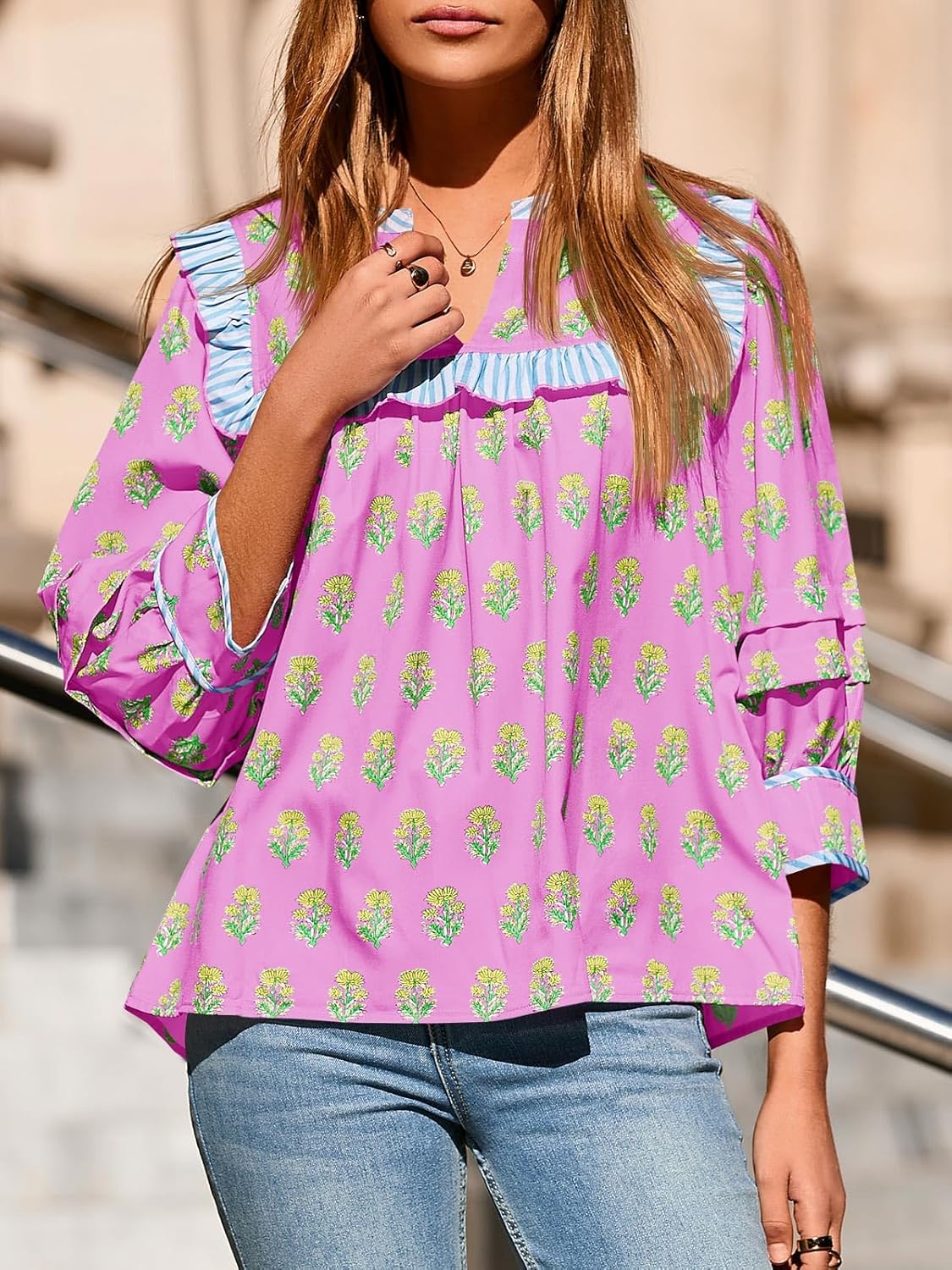 Tankaneo Womens Floral Babydoll Blouse Puff Sleeve Peplum Tops Casual Ruffle V Neck Flowy Boho Cute Shirts - Image 5