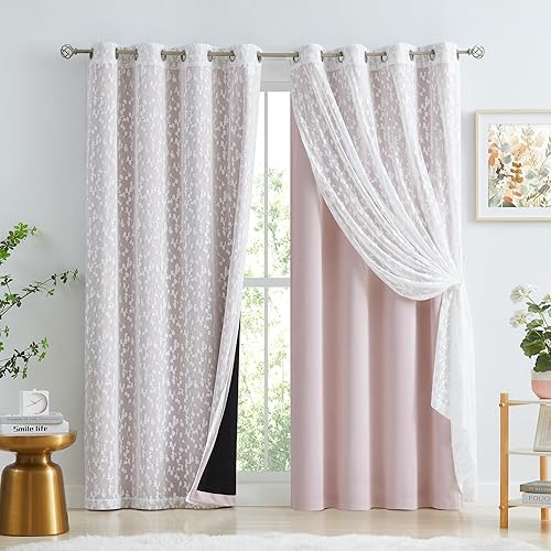 Miniatura 2 de Jubilantex Cortinas a juego con mezcla de rosas, 2 paneles de encaje transparente con hojas, 2 paneles y 2 cortinas opacas completas, cortinas 100%
