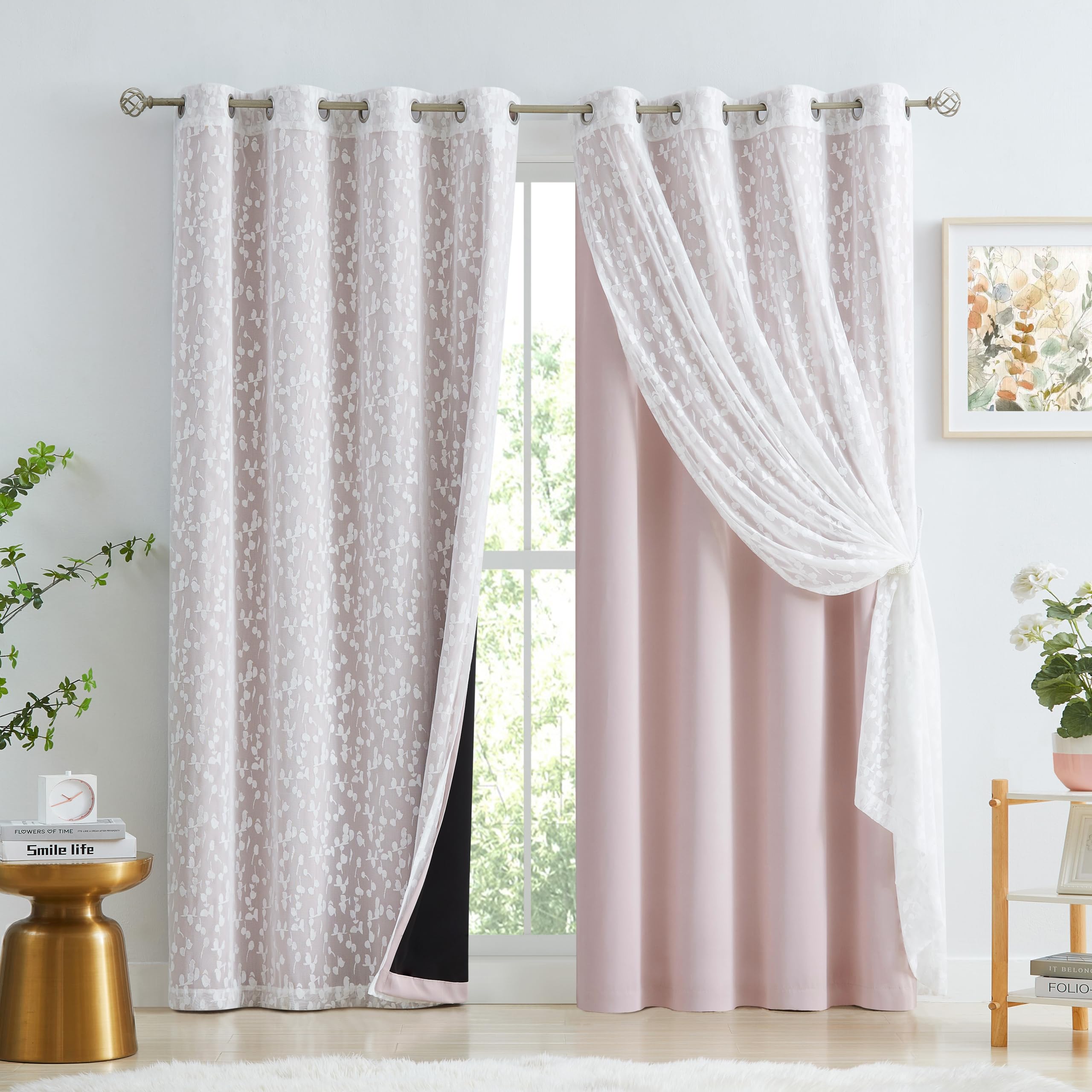 Mix Matched Pink Full Blackout &amp; Sheer Leaf Lace Curtains 52"Wx63"L 4Panels
