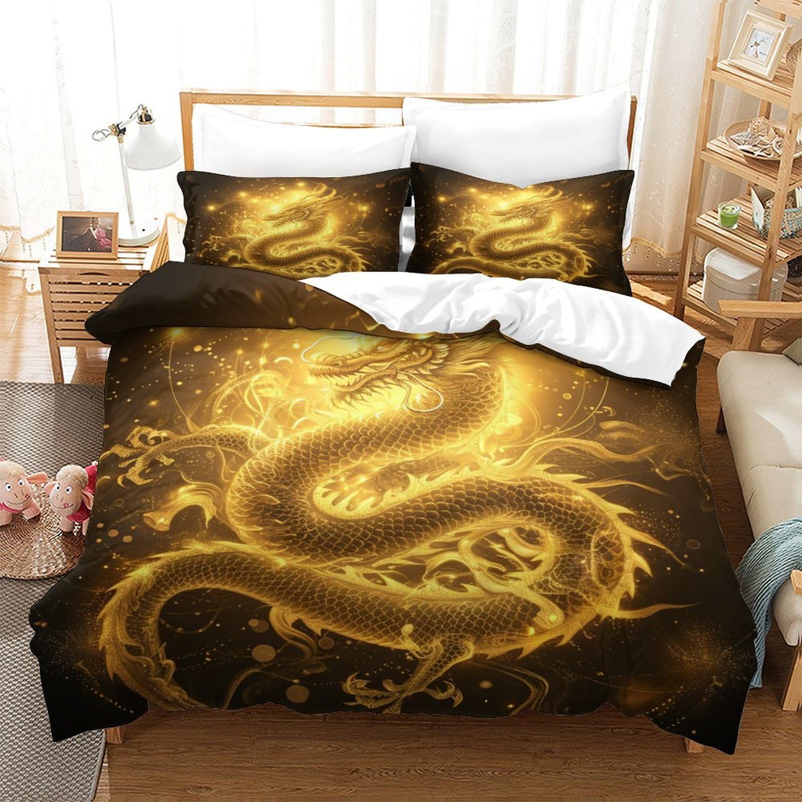 Stampato in 3D Loong cinese Copertina Stampata Microfibra Disegnata Set Di Biancheria Da Letto Con Chiusura A Cerniera Con 2 Federe,Double（200x200cm）, Per Ragazzi Adulti