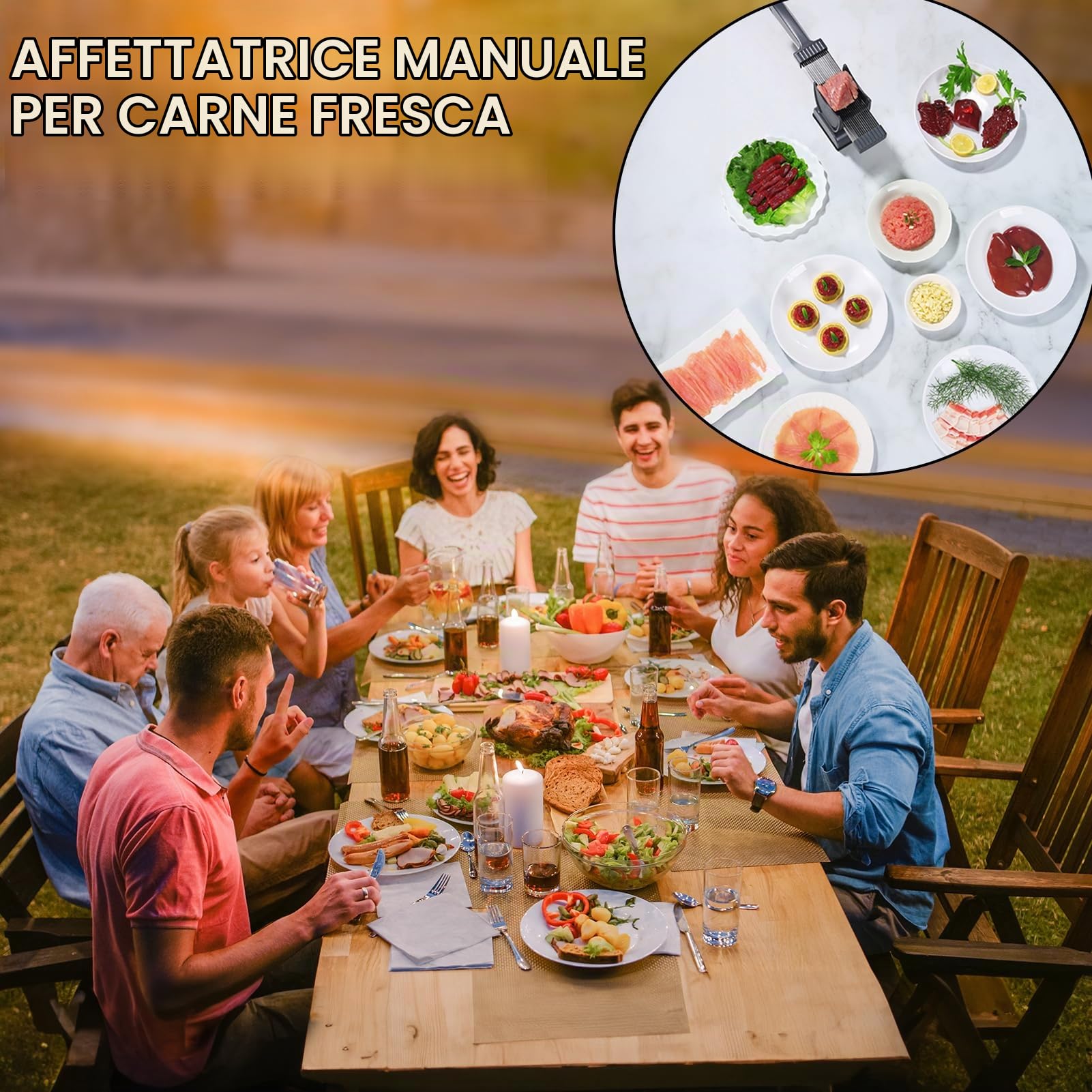Affettatrice per carne fresca, affettatrice manuale per carne fresca, preparazione pasti, spessore di taglio regolabile di 2 mm o 4 mm, 17 lame per 18 fette (affettate, a strisce, a cubetti) - Nero