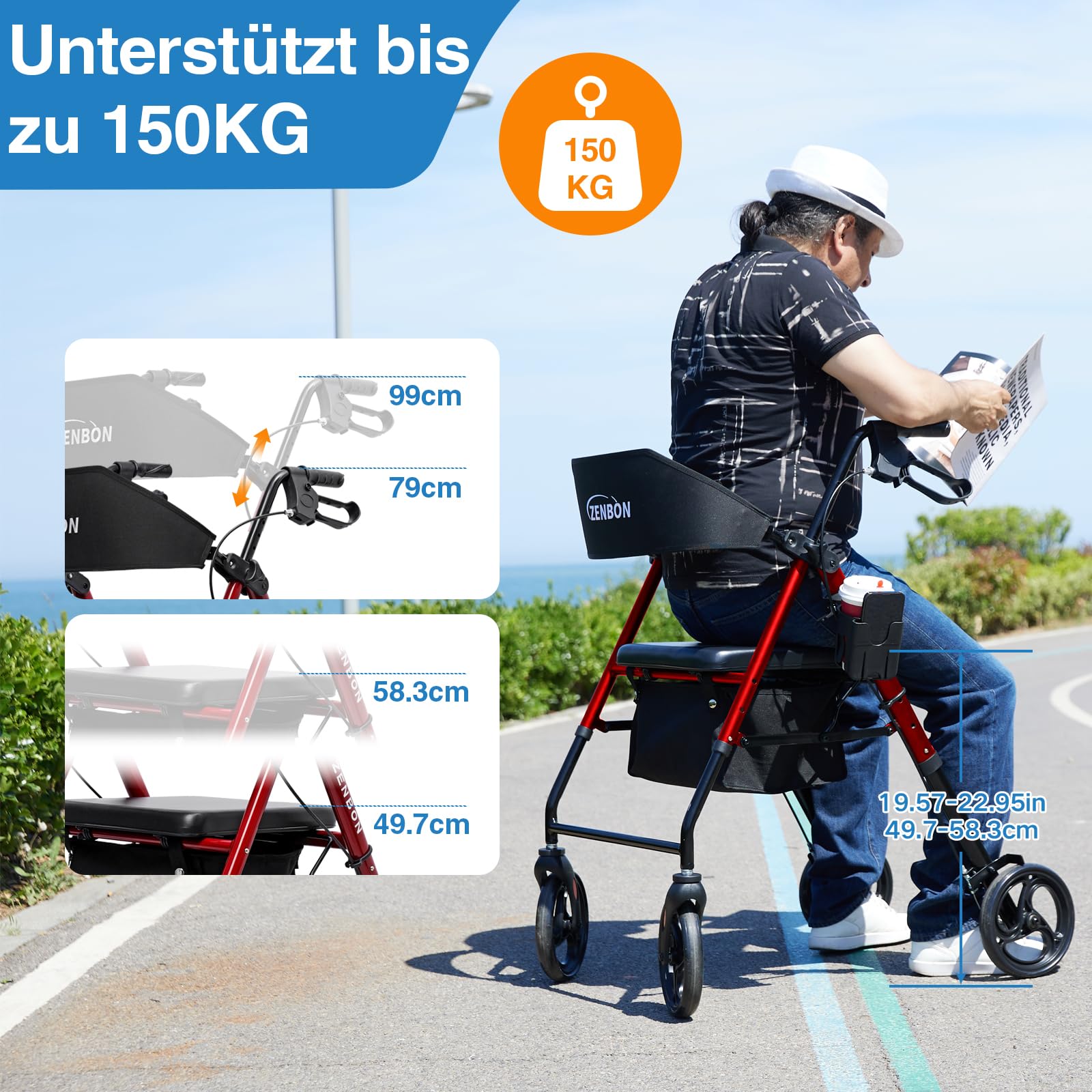 Rollator Faltbar und Leicht Aluminium: Rollatoren für Senioren Rollator Klappbar mit Sitz für die Wohnung mit 20cm Reifen 6-fach Höhenverstellung (Rot)