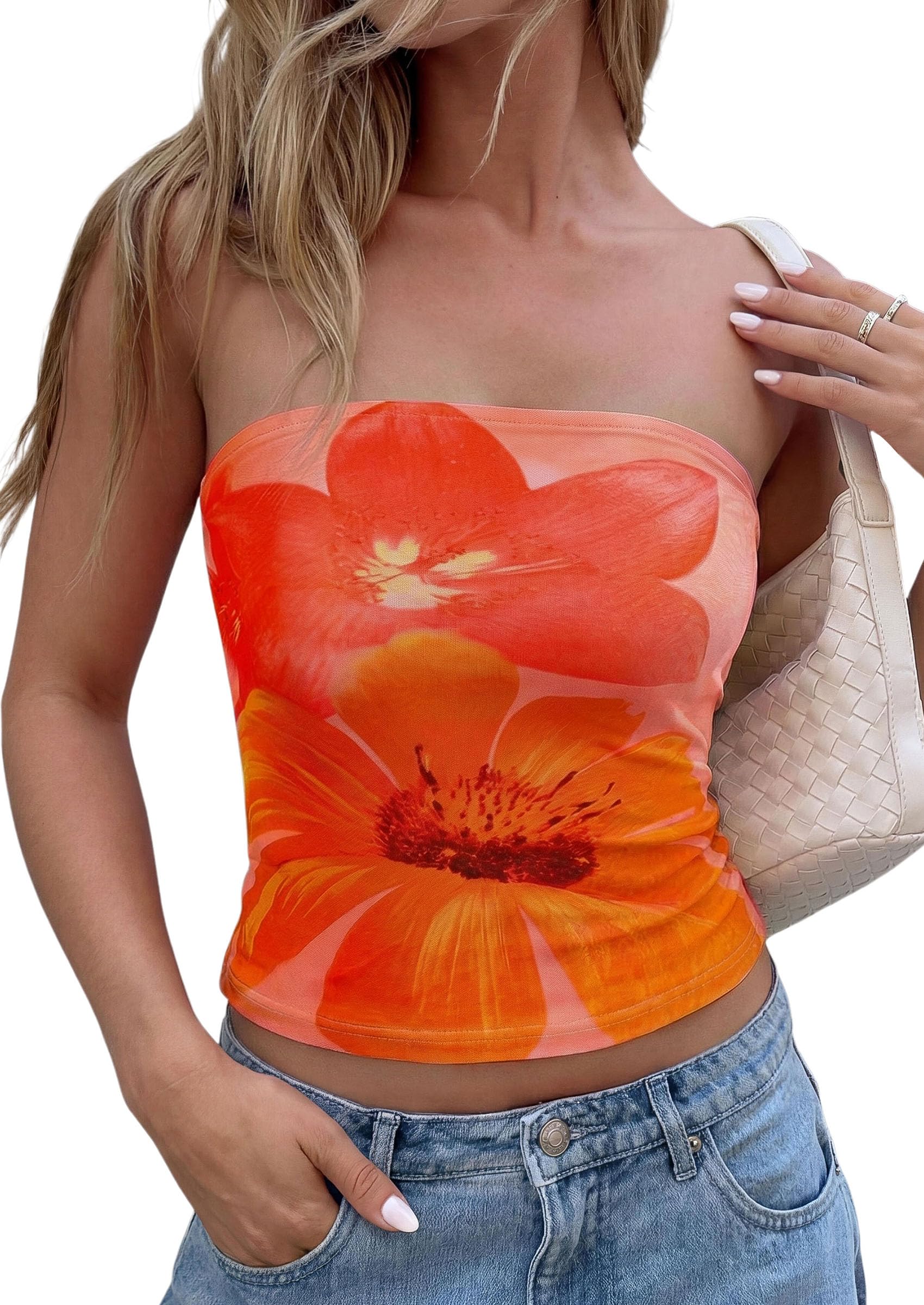 PRETTYGARDEN Tube Tops for Women 2026 Summer Spring Floral Strapless Going Out Tops Y2K Mesh Cute Beach Vacation Clothes
