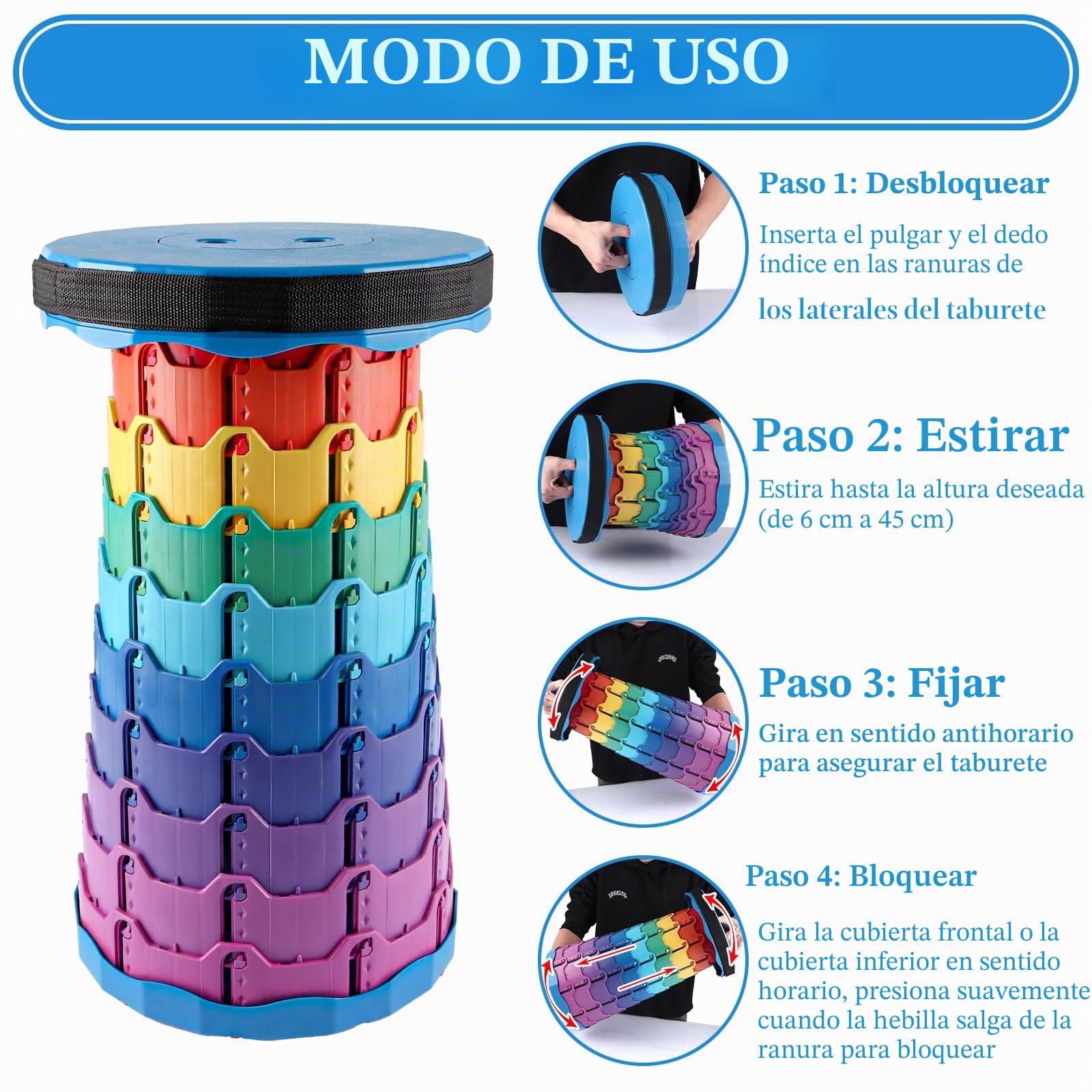 2 Piezas Taburete Plegable Redondo, Taburete telescópico Plegable Ajustable de 6 a 45 cm con Correa, Carga hasta 200 kg para Camping, Pesca y Viajes Multicolor