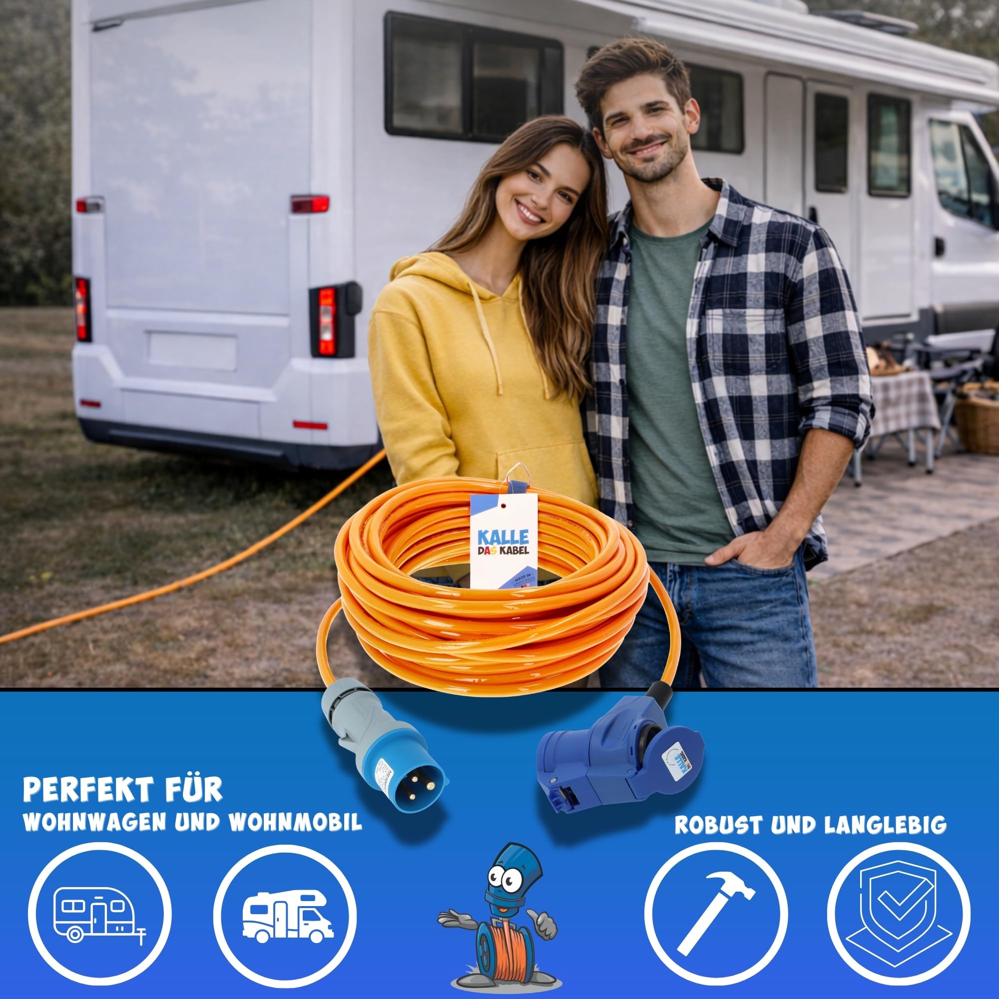 KALLE DAS KABEL Cavo di prolunga CEE 230 V 16 A – H07BQ-F 3G 2,5 mm², spina CEE su attacco angolare CEE con presa Schuko e indicatore di tensione LED, IP44, segnale arancione, campeggio, caravan, 5