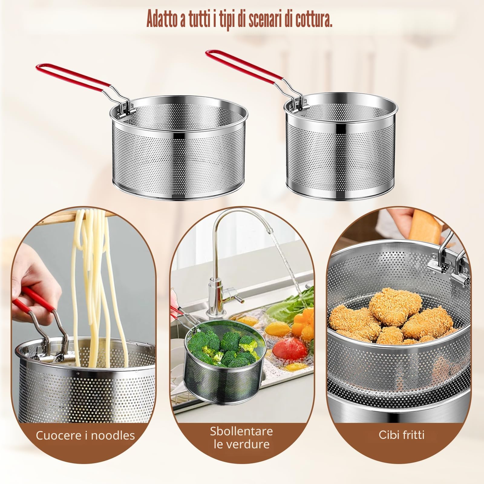 OMJMYY Set di 2 Cestello per Pasta 18/20 cm Colapasta Acciaio Inox Scolapasta con Manico Rimovibile Colino Acciaio Inox Maglia Fine per Lavare Friggere Cuocere a Vapore Drenare