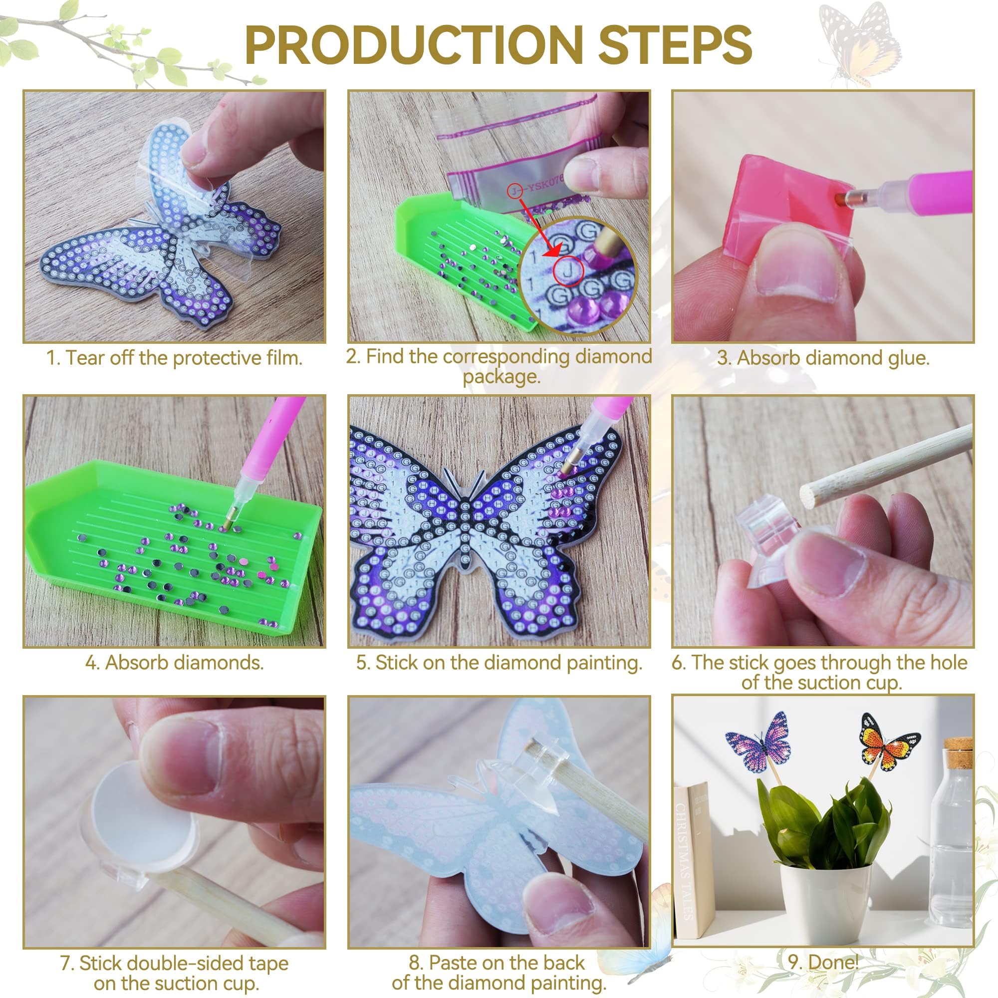 Frundoo Kit 8 Farfalle In Diamanti Fai Da Te, Con Bastoncini E Ventose, Per Decorazione Giardino