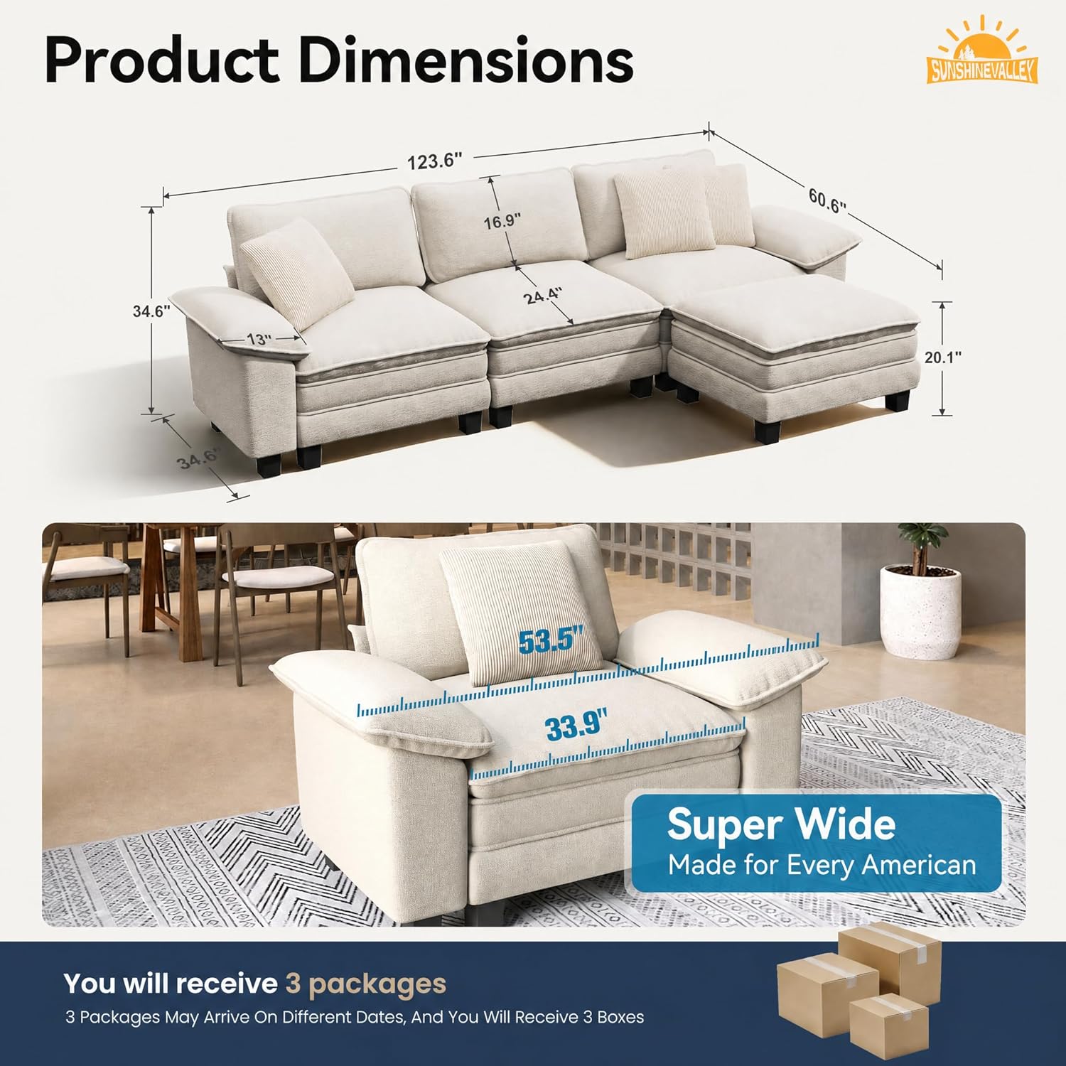 SUNSHINE VALLEY L Shaped Modular Cloud Couch, 123.6'' Comfy Chenille Sectional Sofa with Wider Armrest and Ottoman, Upholstered 4-Seat Modern Deep Seat for Bedroom Living Room, Beige