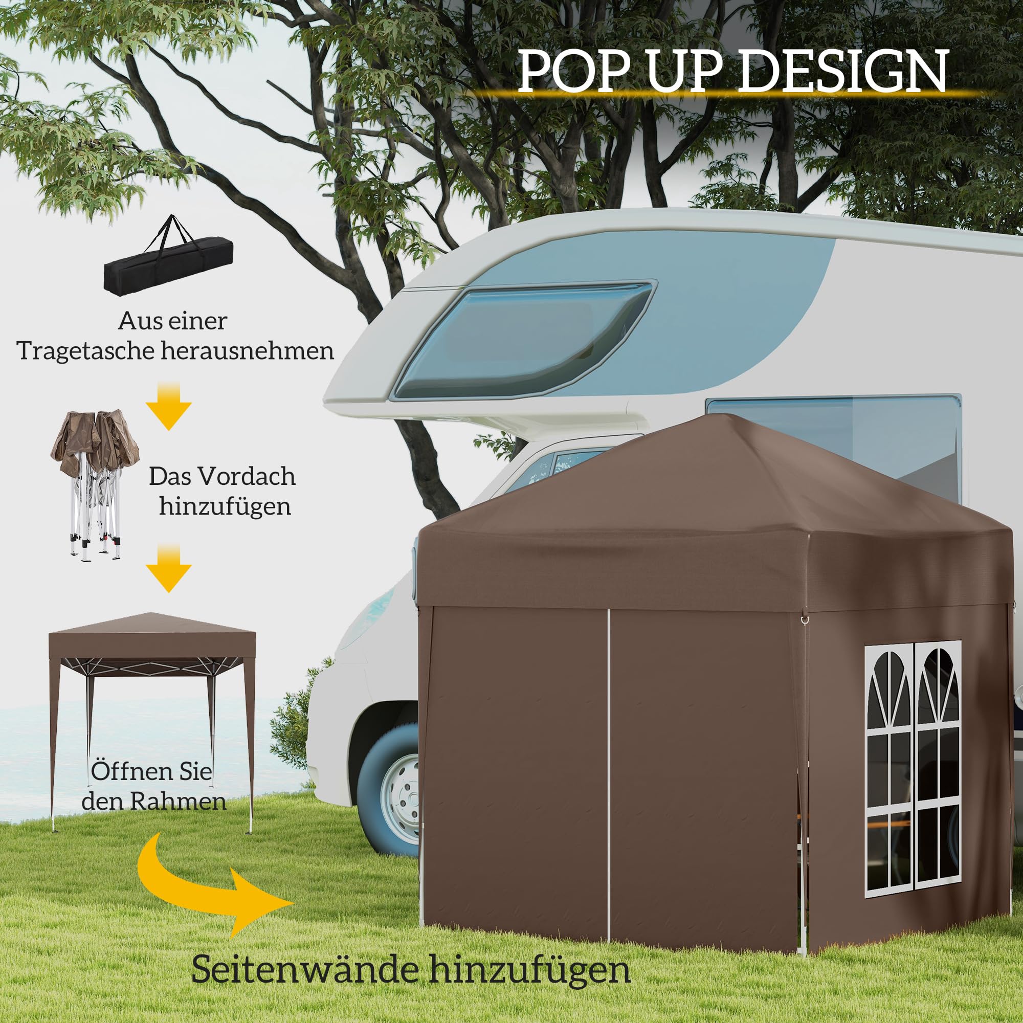 Outsunny pawilon 2x2m wodoodp. pop-up z 4 ścianami bocz. brązowy